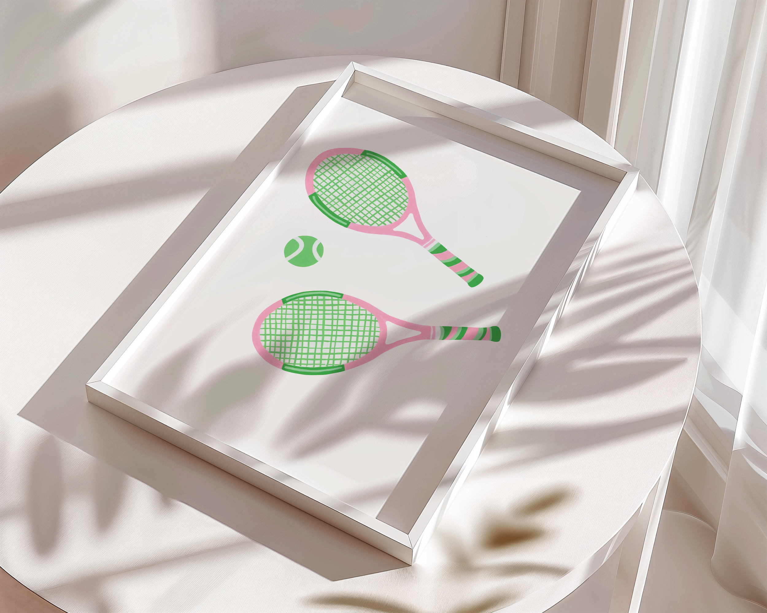 A painting of tennis racquets set on a table