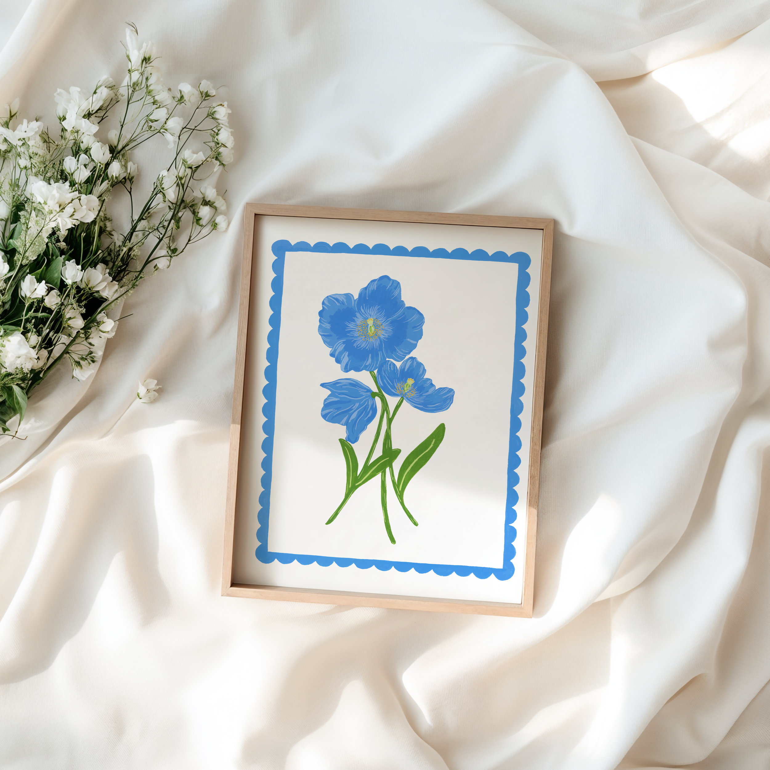 Painting of a Himalayan blue poppy on a white bed with flowers