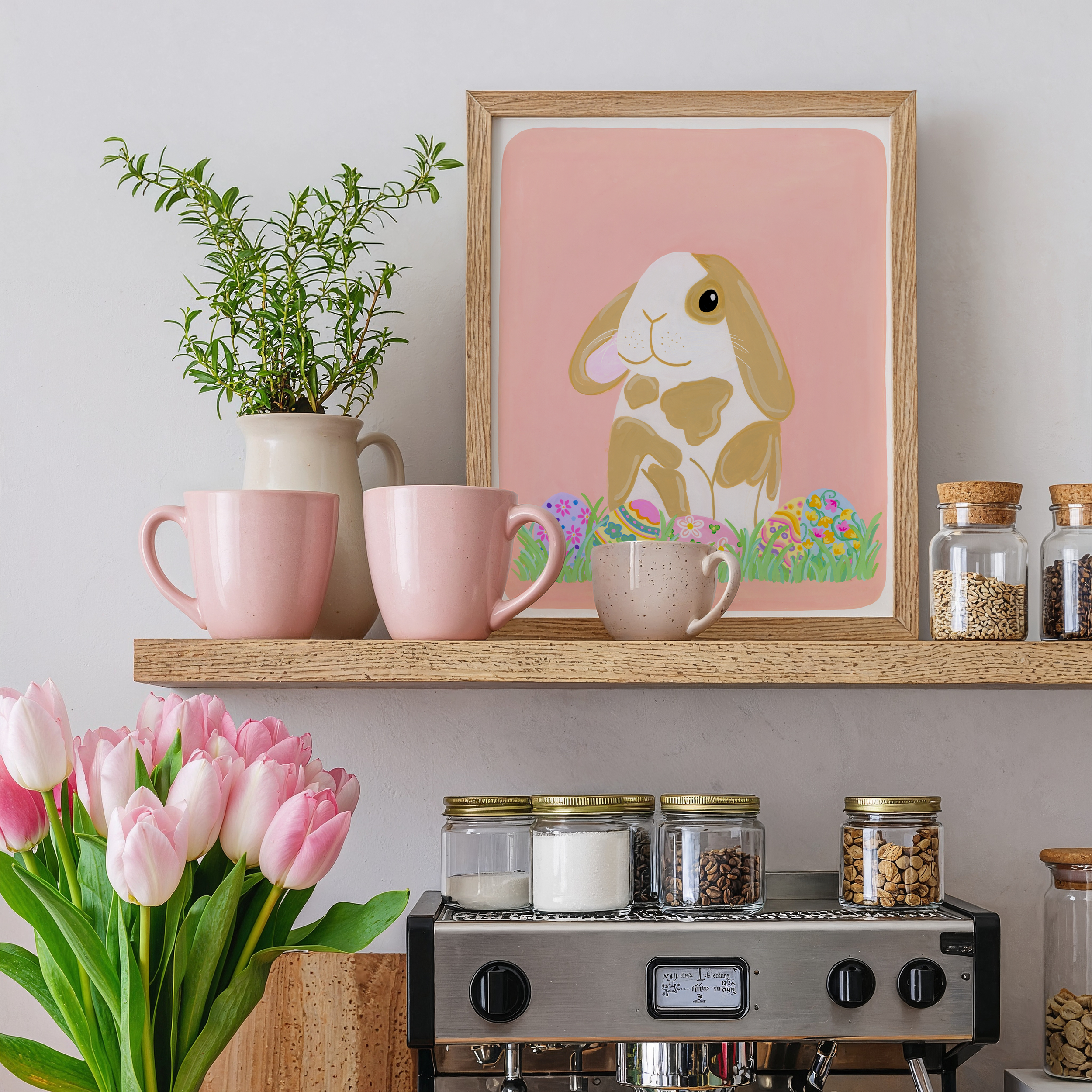 Art print of a spotted Easter bunny in a pink kitchen