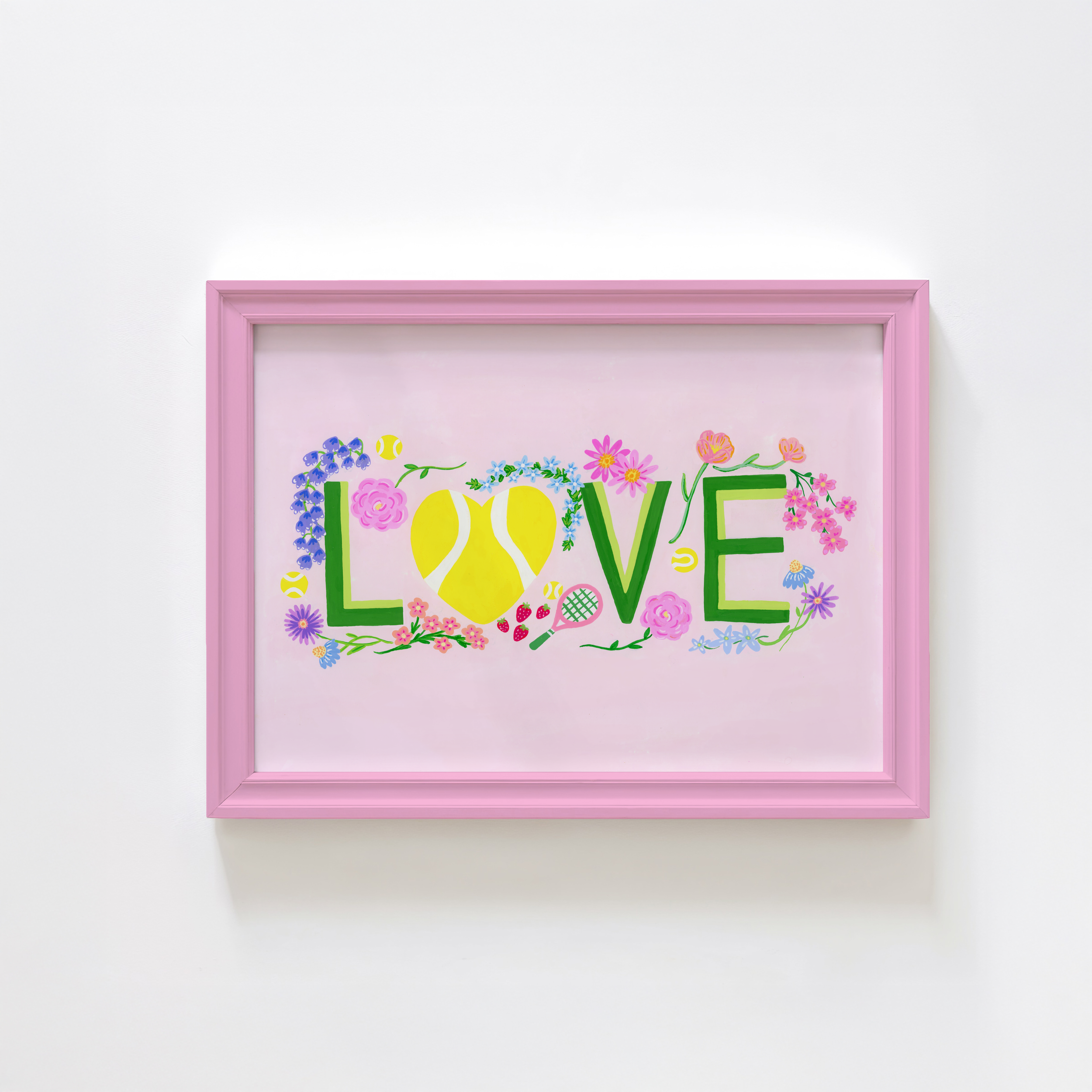 Painting that says the word "love" with tennis-themed decorations