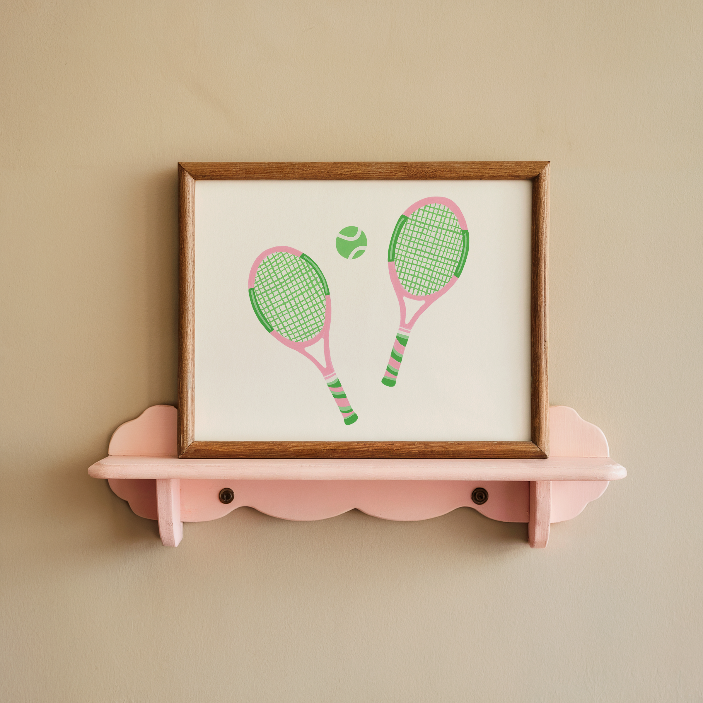 A painting of tennis racquets on a wooden shelf