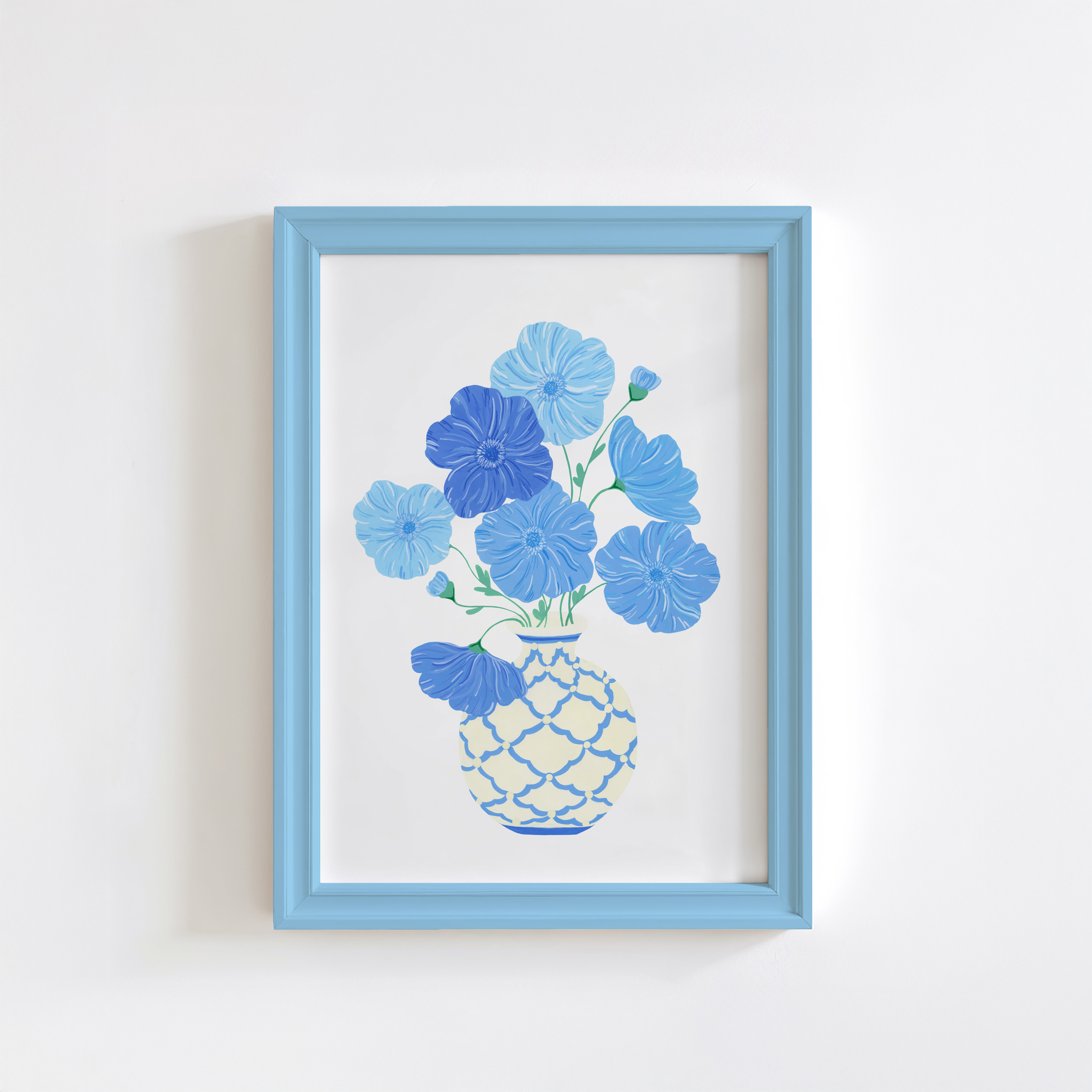 Art print of blue poppies in a blue frame