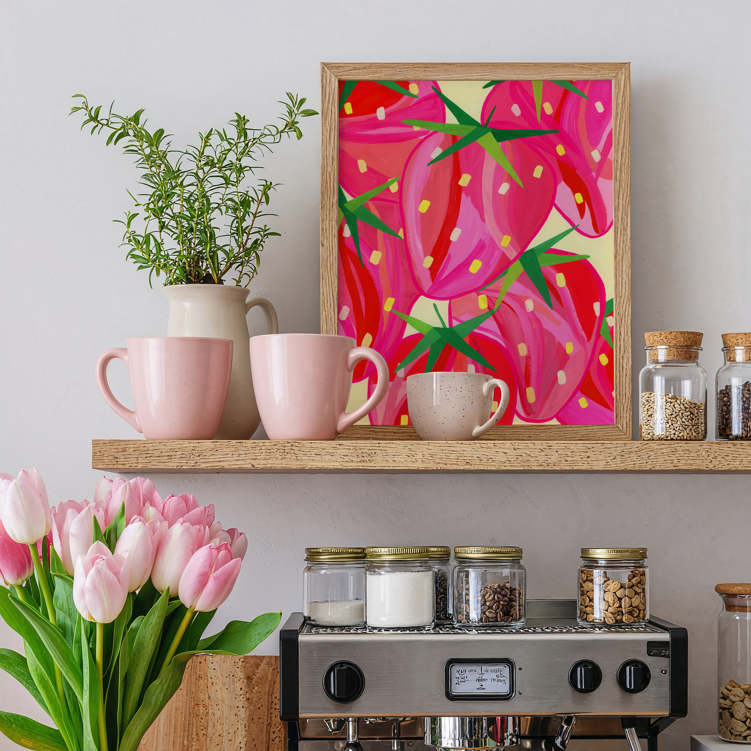 Art print of abstract strawberries in a pink-themed kitchen.