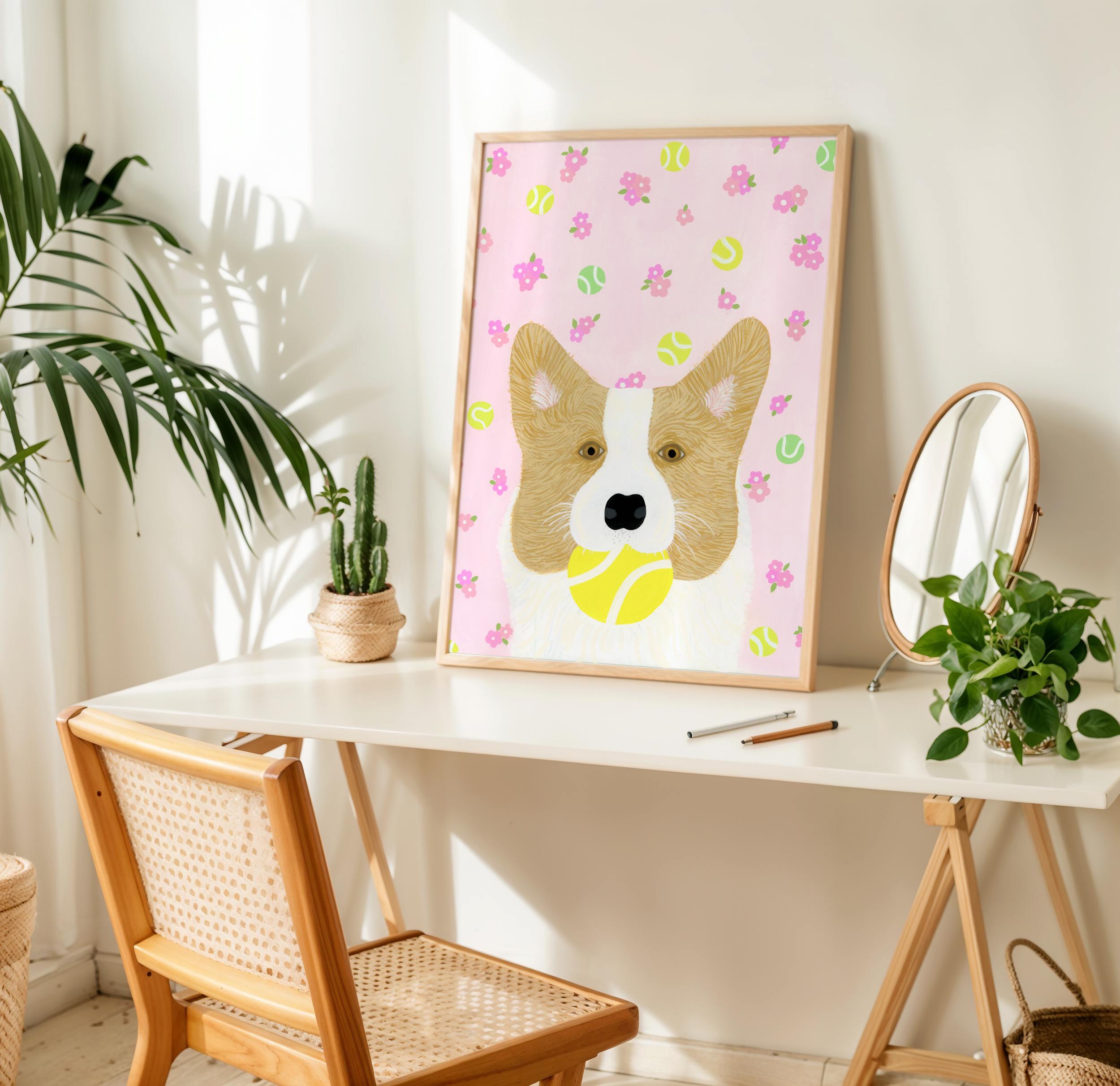 A cute painting of a corgi carrying a tennis ball set up on a table