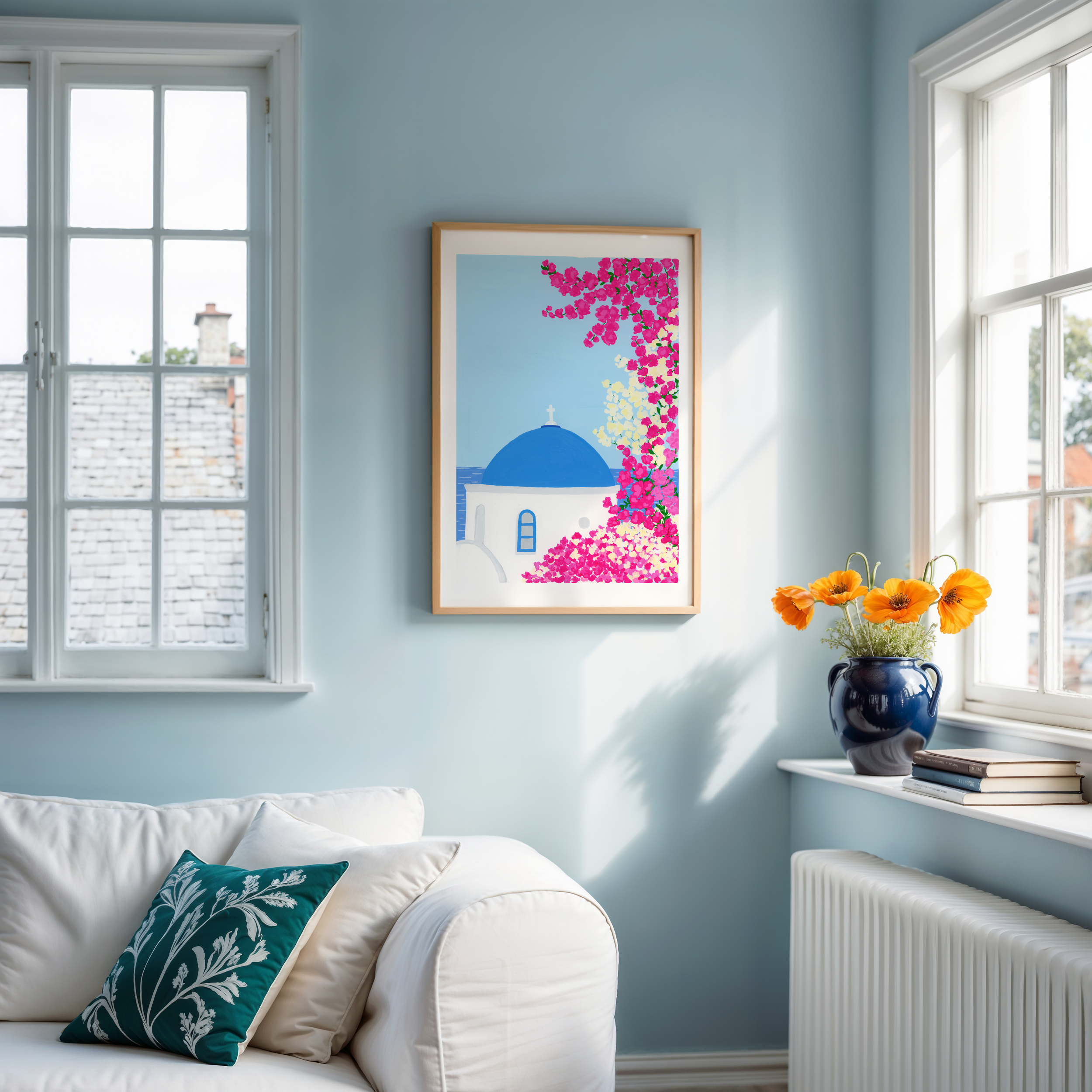 Large, framed art print of a church and flowers in Greece