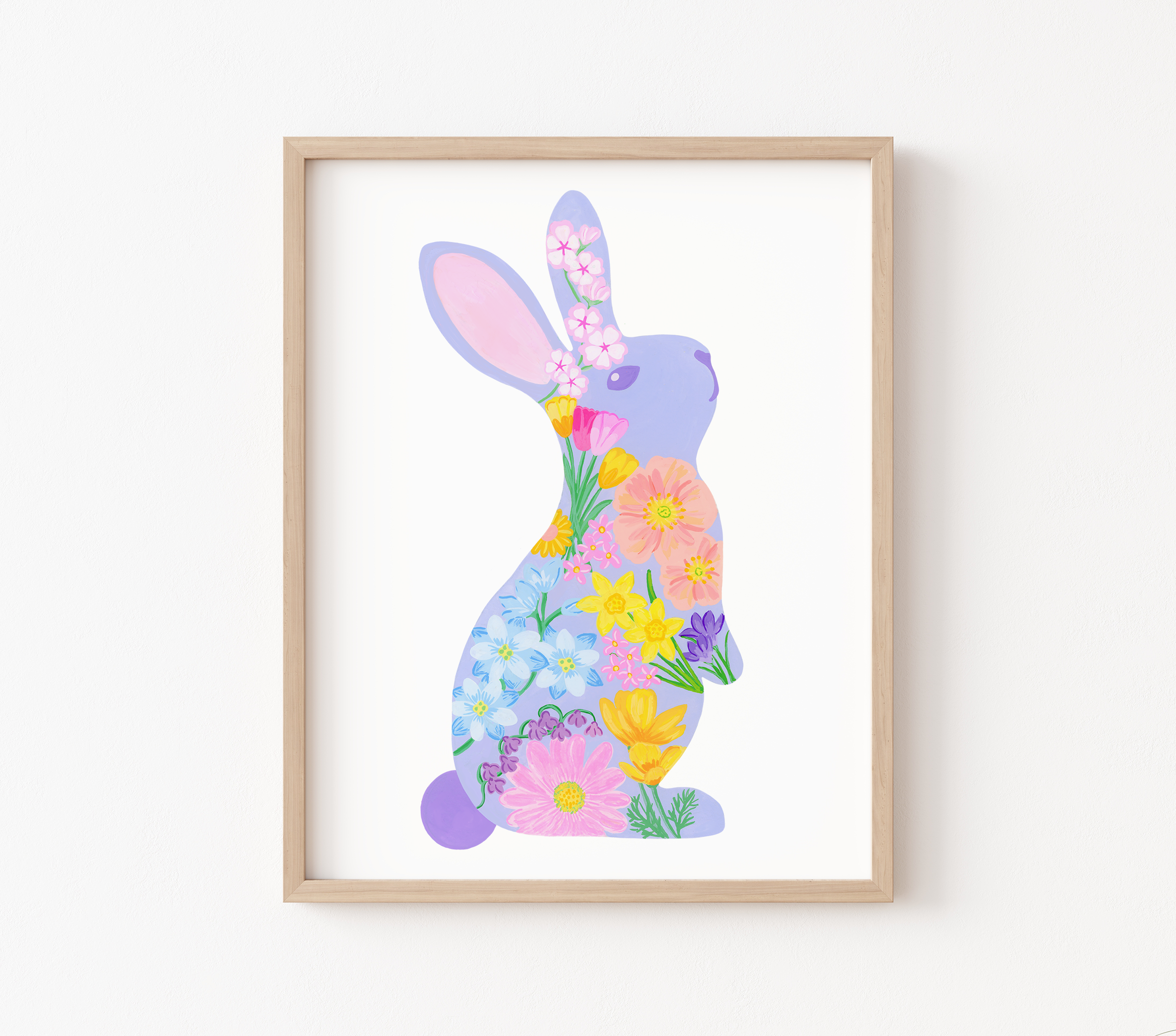 Art print of a floral Easter bunny in a simple wooden frame