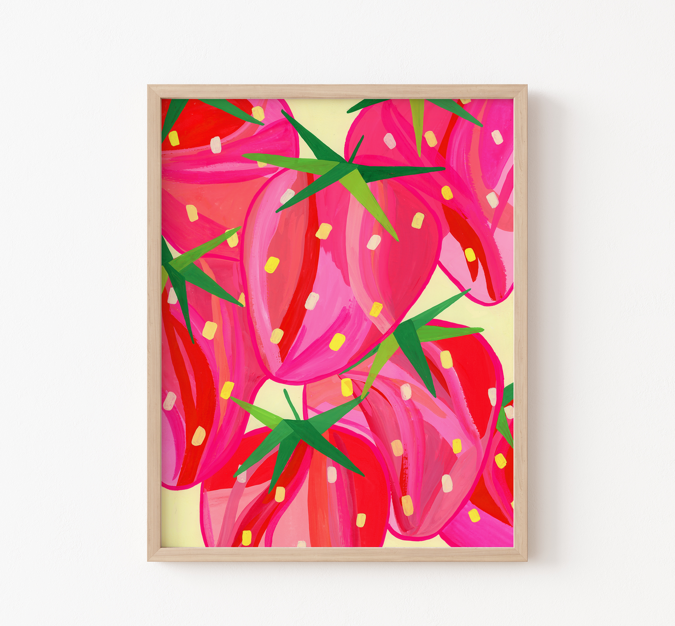 Art print of vibrant strawberries in a wooden frame.