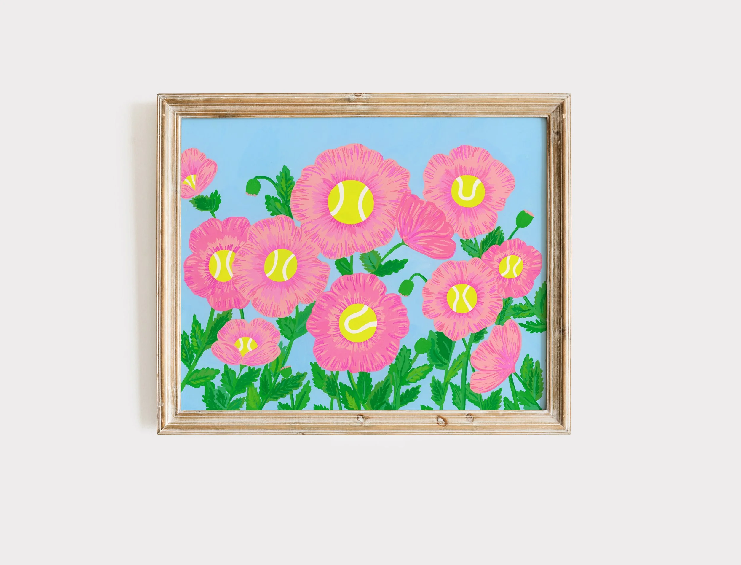 Tennis-themed art print of pink flowers in a vintage frame.