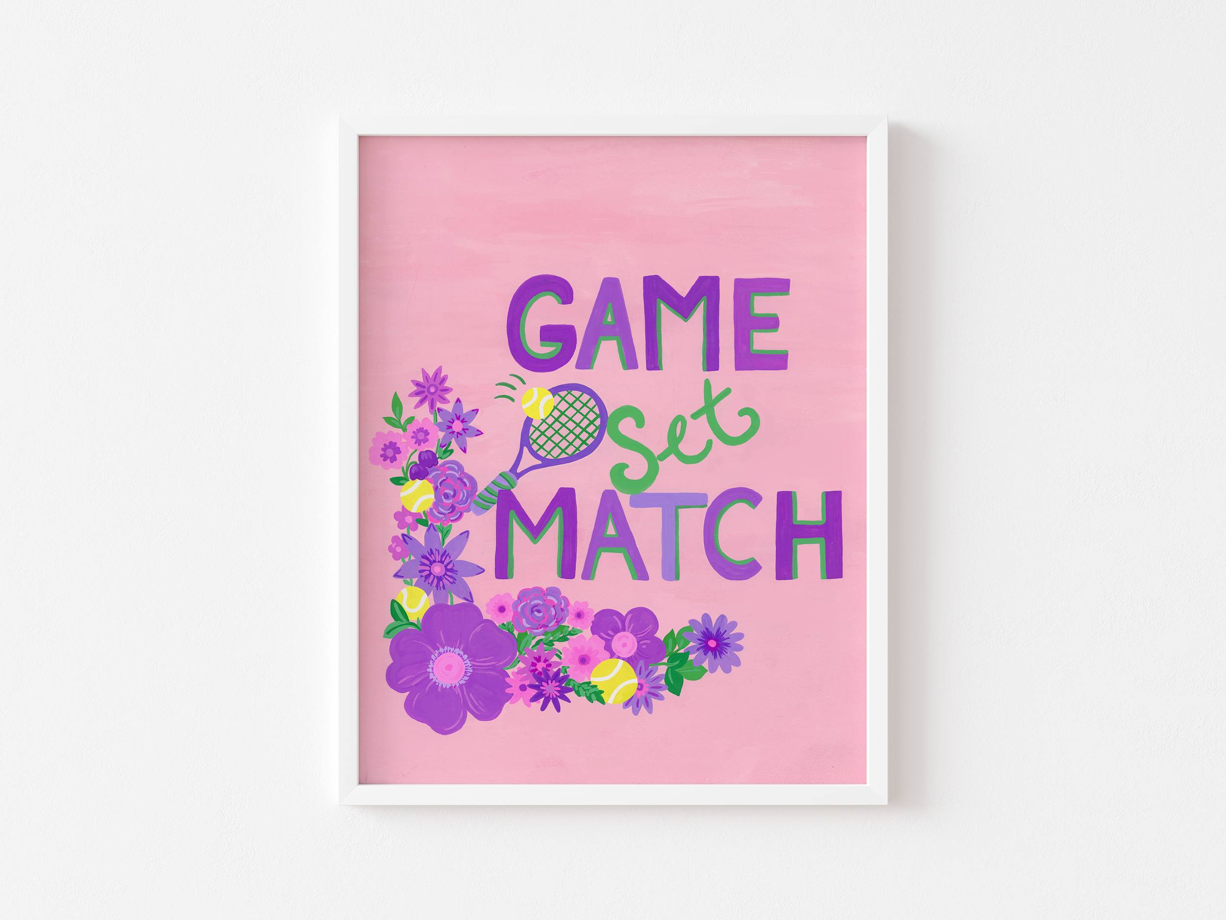 A pink and purple art print that says Game, Set, Match