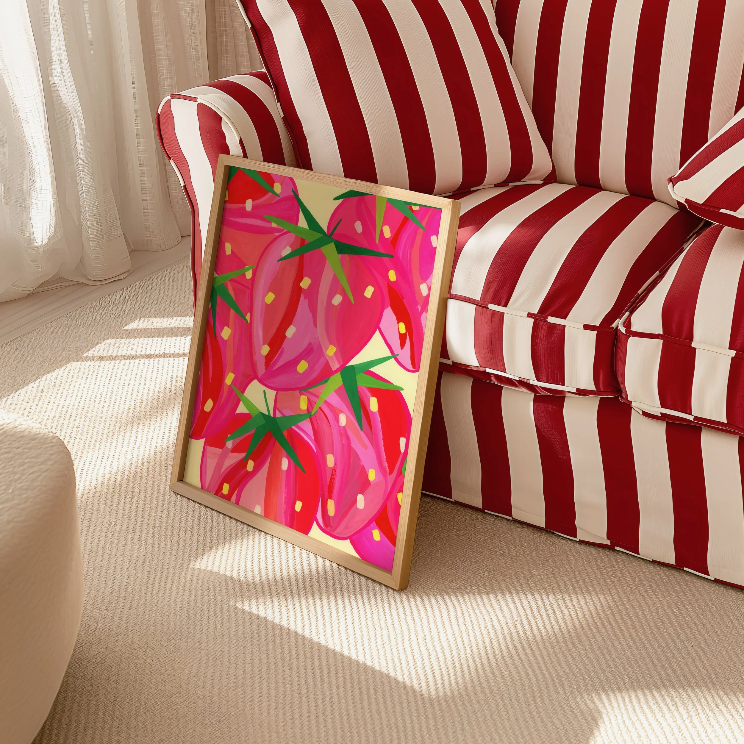 Art print of pink and red strawberries next to a red striped couch.