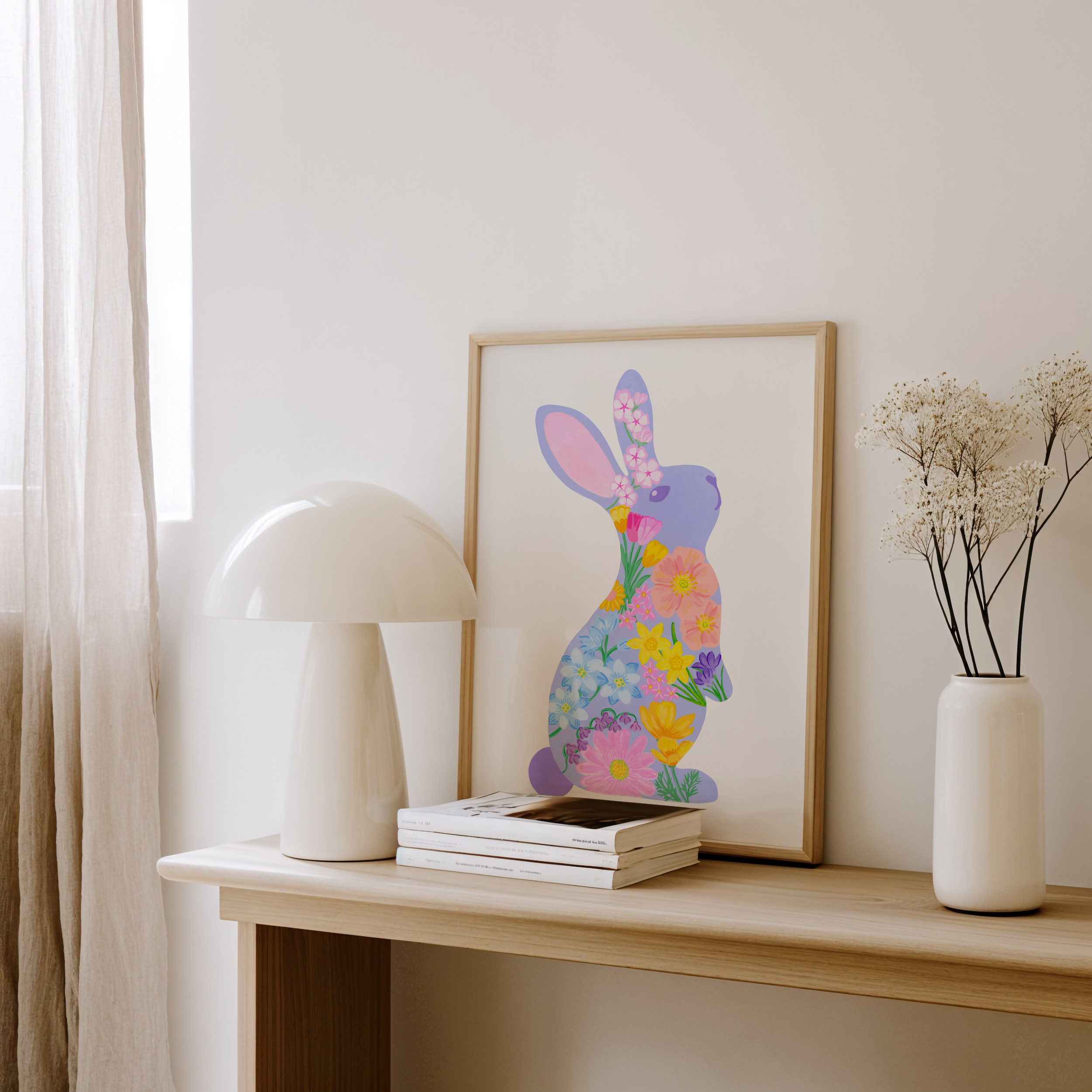 Art print of an floral Easter bunny on a table