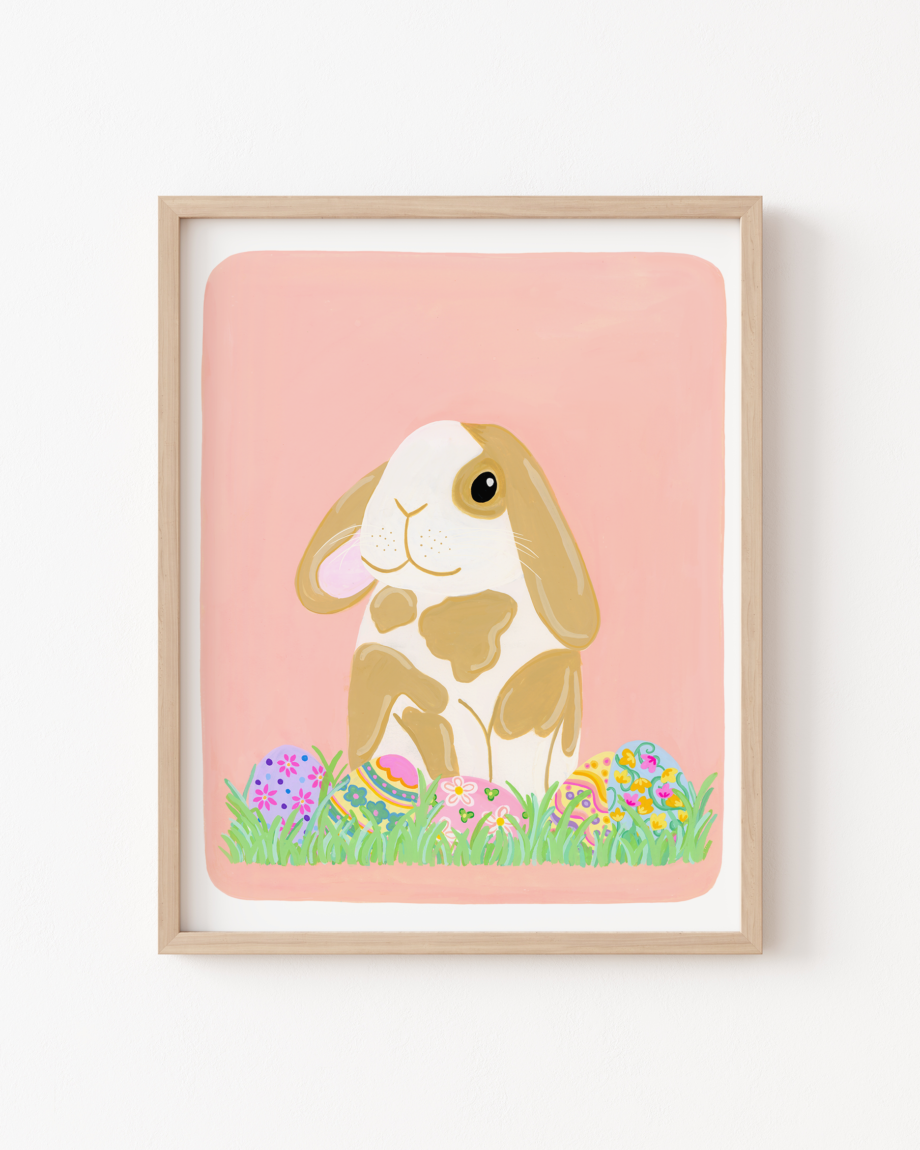 Art print of a spotted Easter bunny in a simple frame