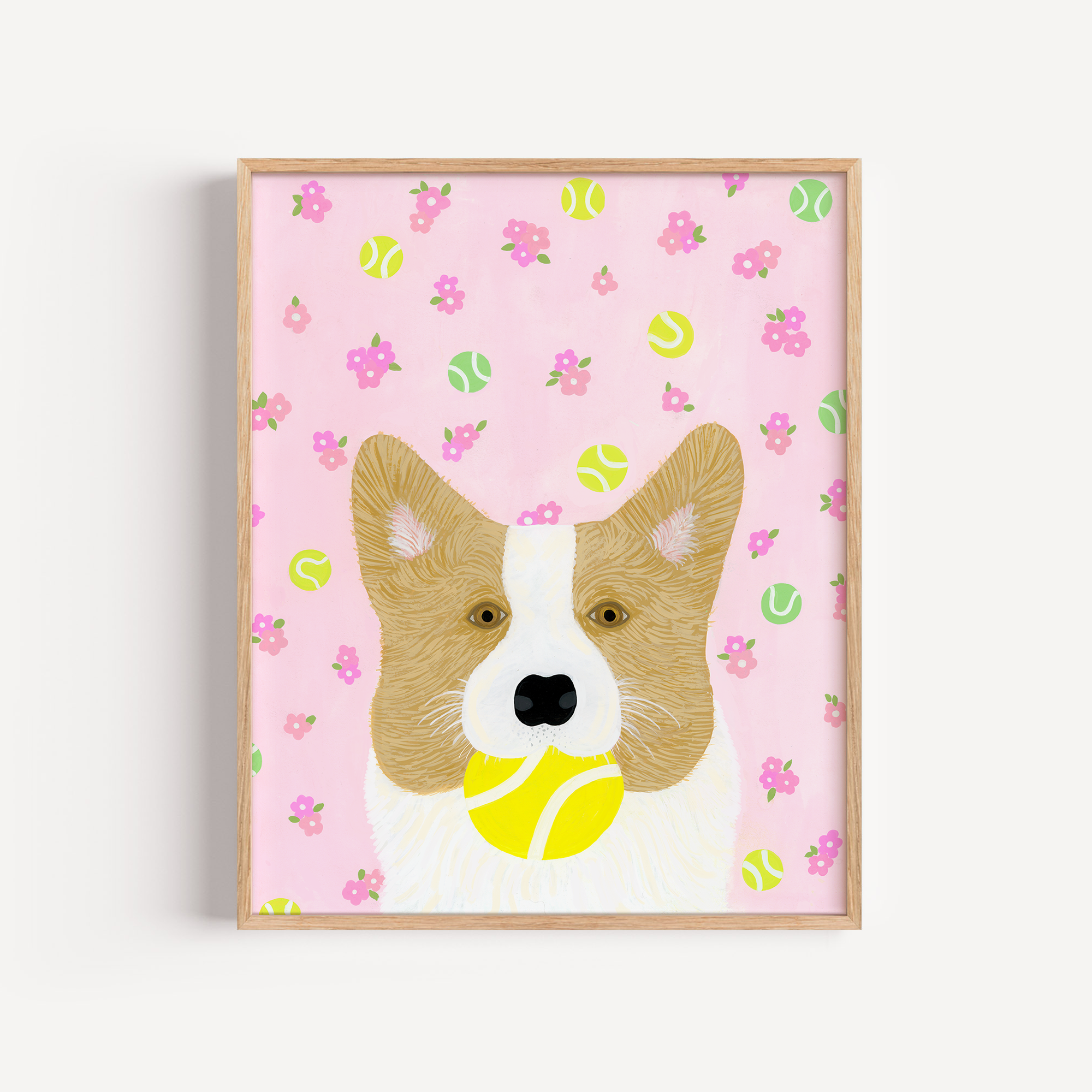 Art print of a corgi holding a tennis ball in a simple wooden frame