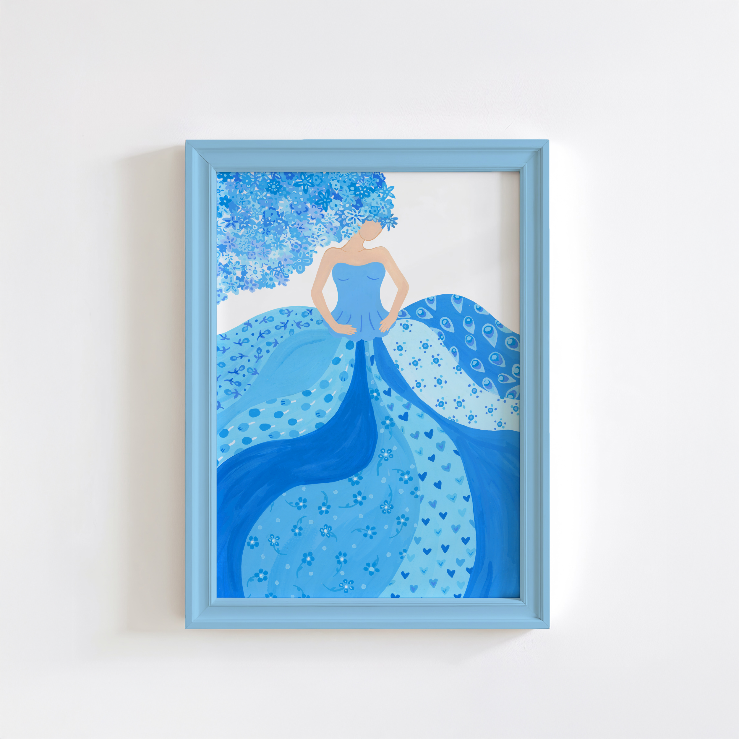 Art print of a woman in a blue dress in a blue frame