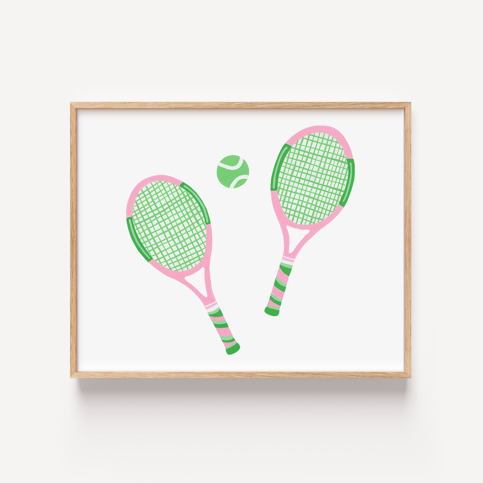 A tennis racquet painting in a wooden frame