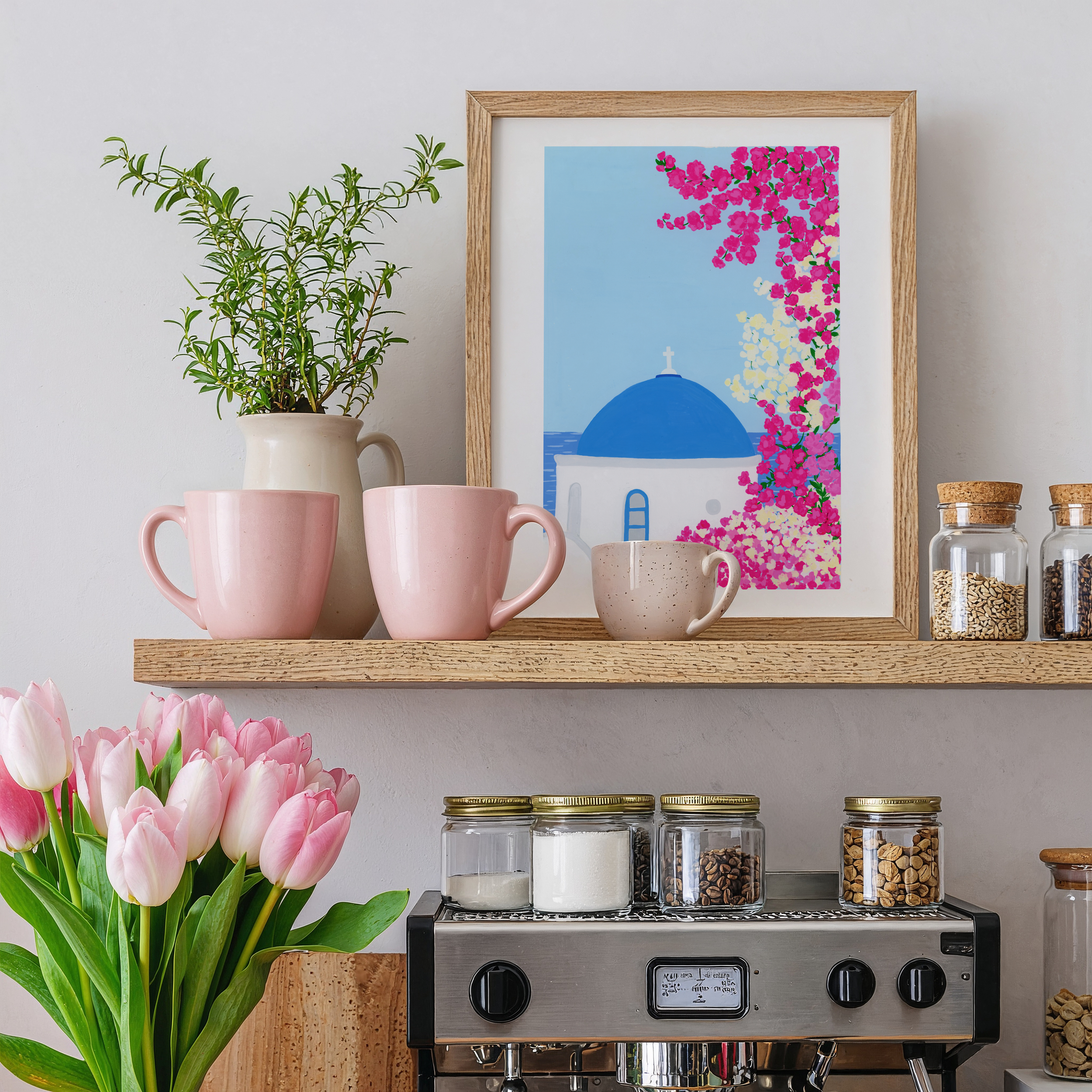 Modern art print of Greece in a kitchen