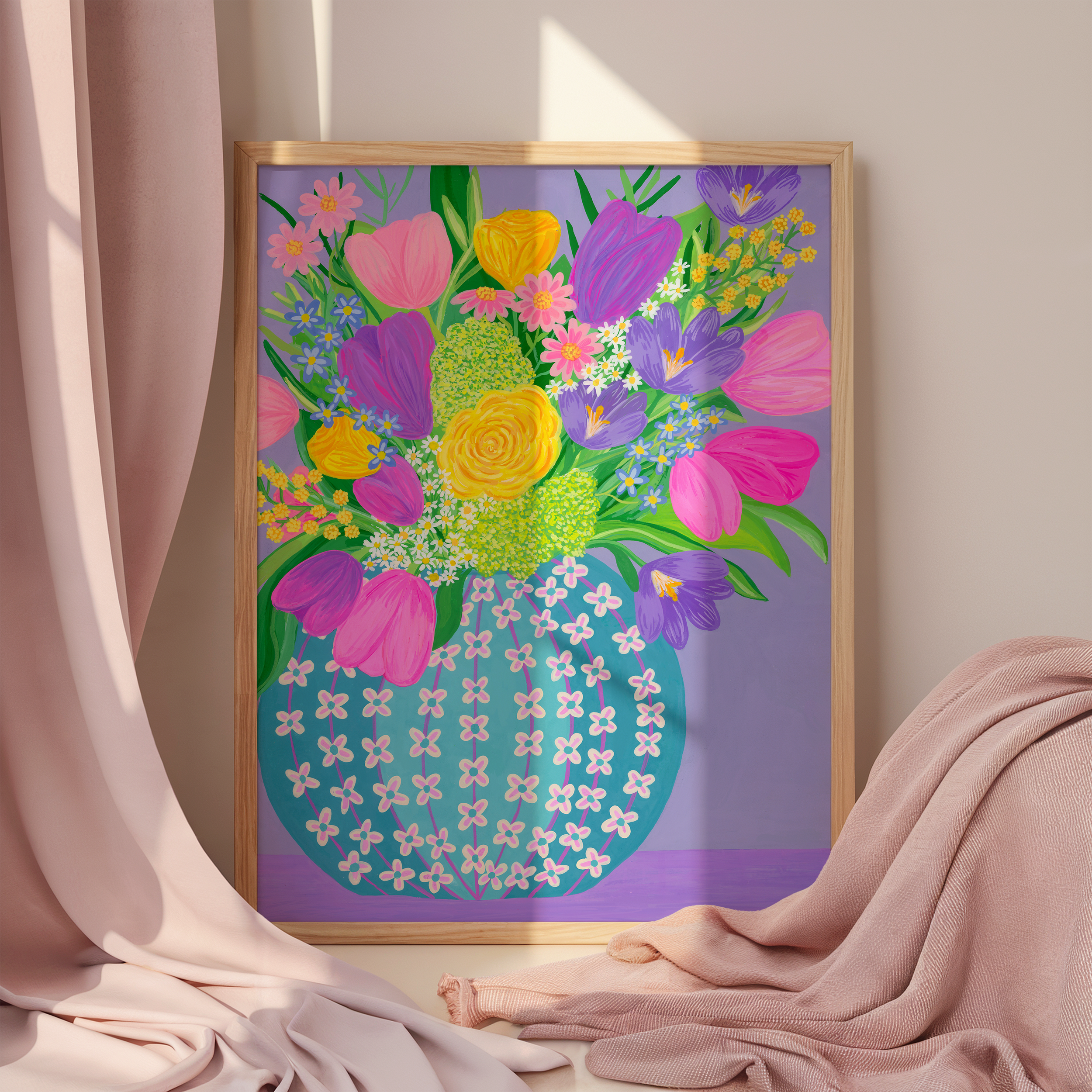 Art print of a spring bouquet in a frame with pink fabric