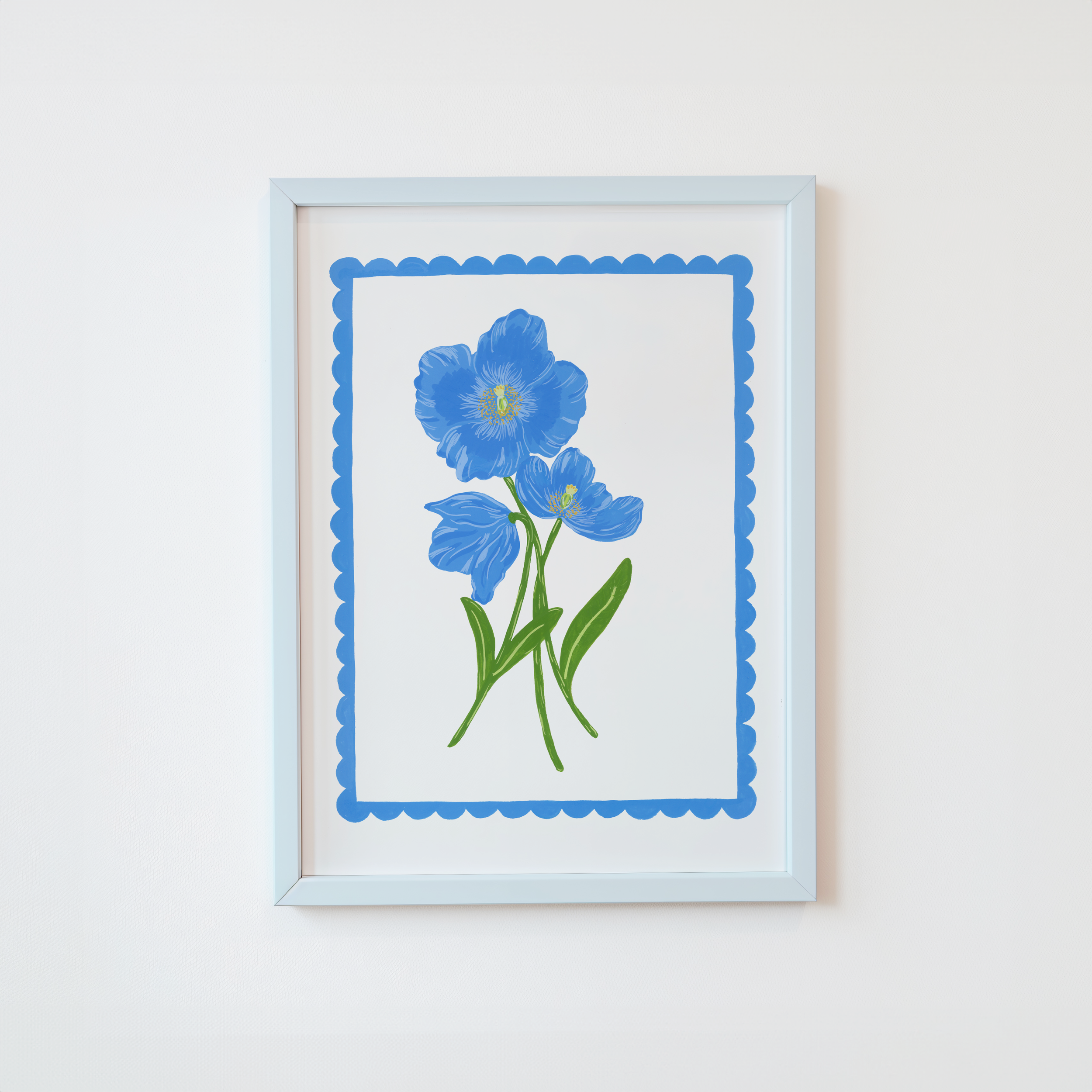 Painting of a Himalayan blue poppy in a simple white frame