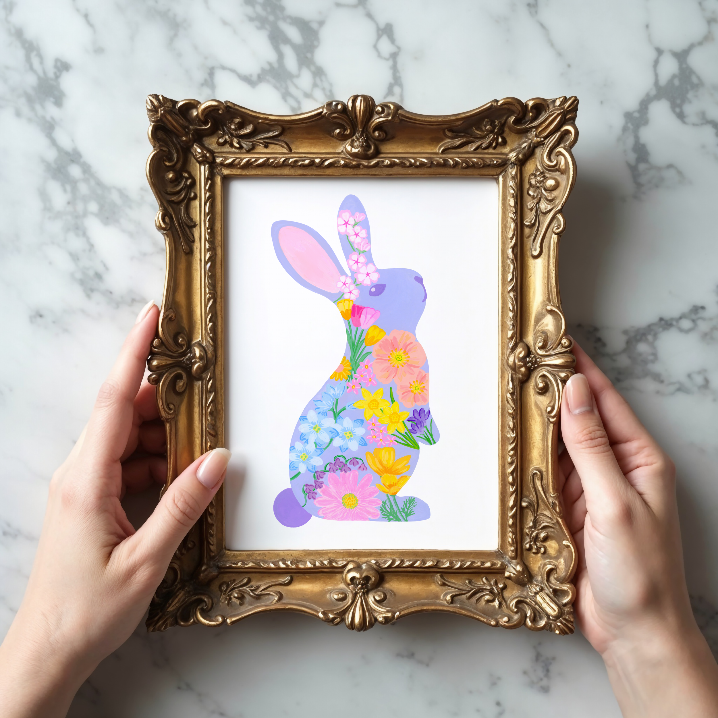Easter bunny art print in a fancy frame