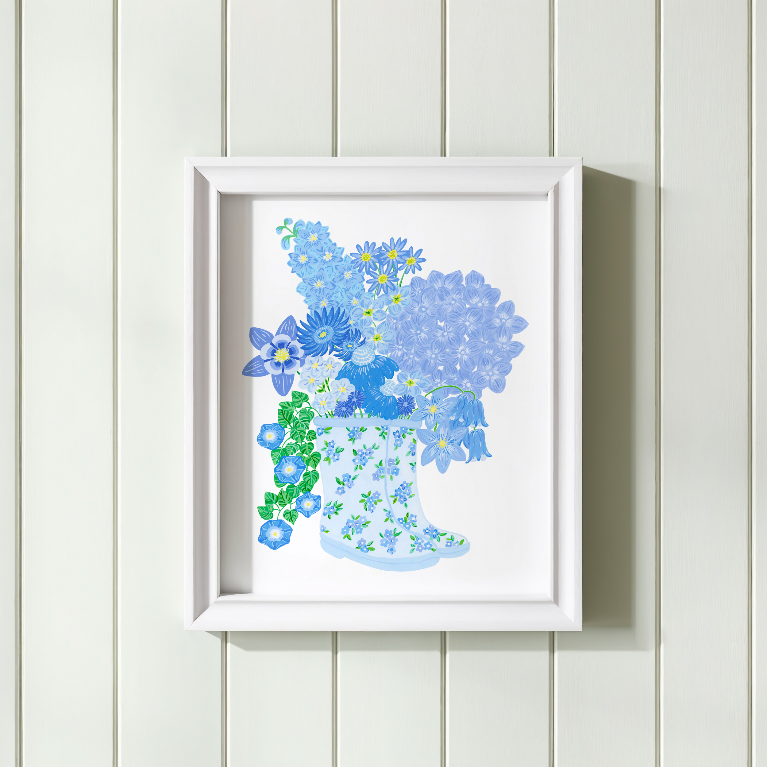 Art print of a framed bouquet of a variety of blue flowers