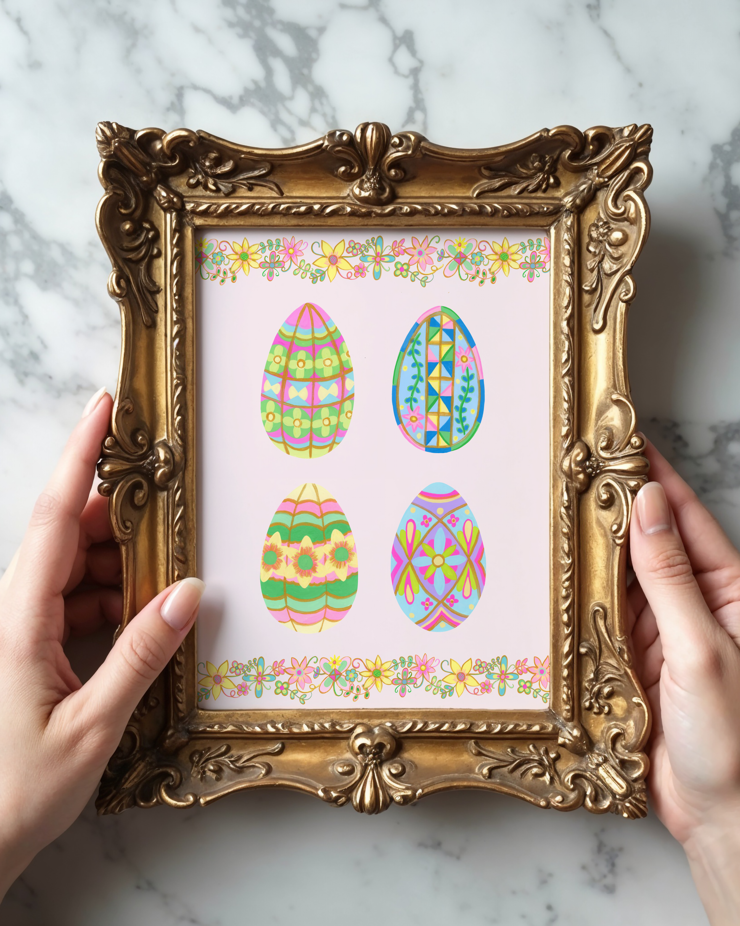 Art print of easter eggs in a vintage gold frame
