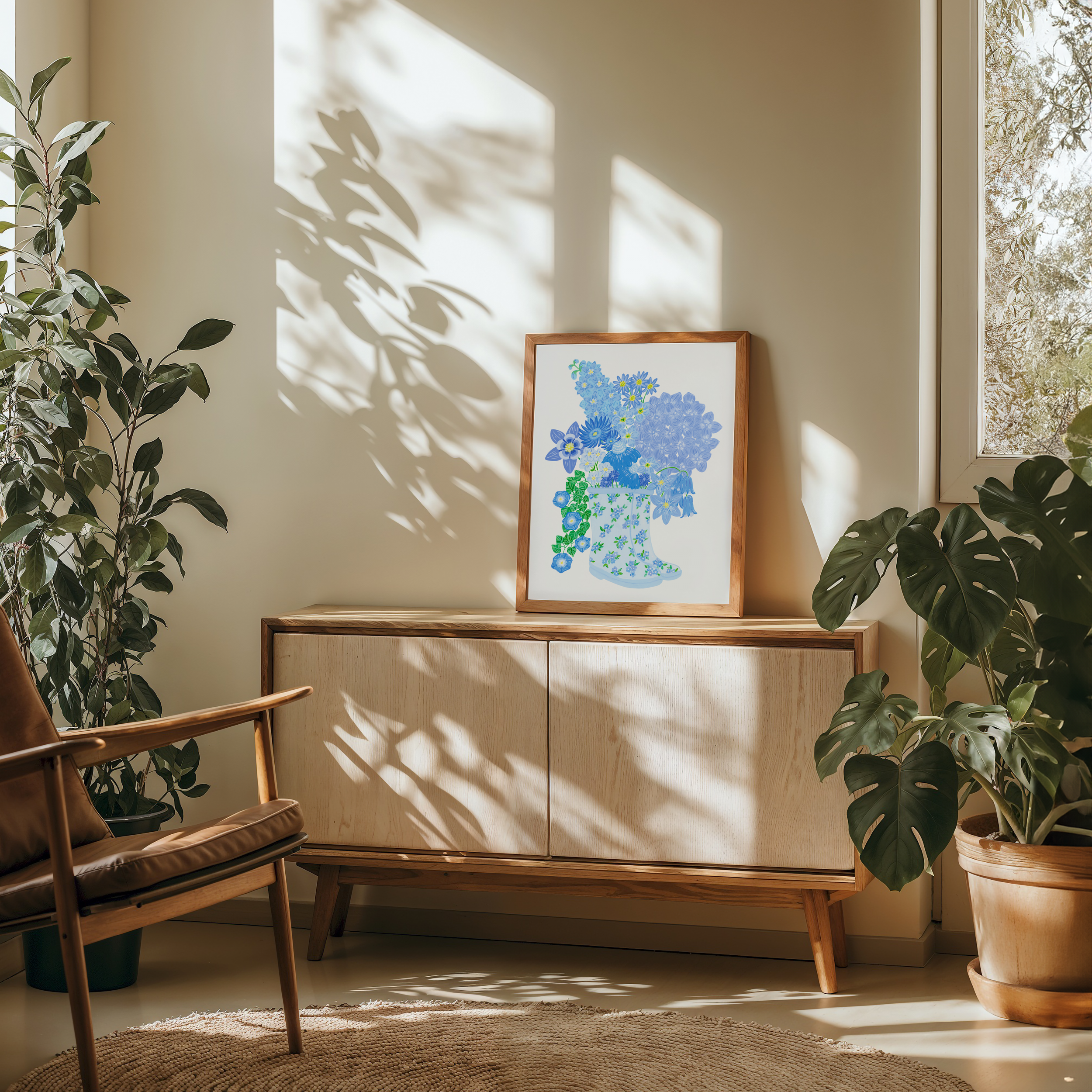 Art print of a blue bouquet of flowers in a big wooden frame