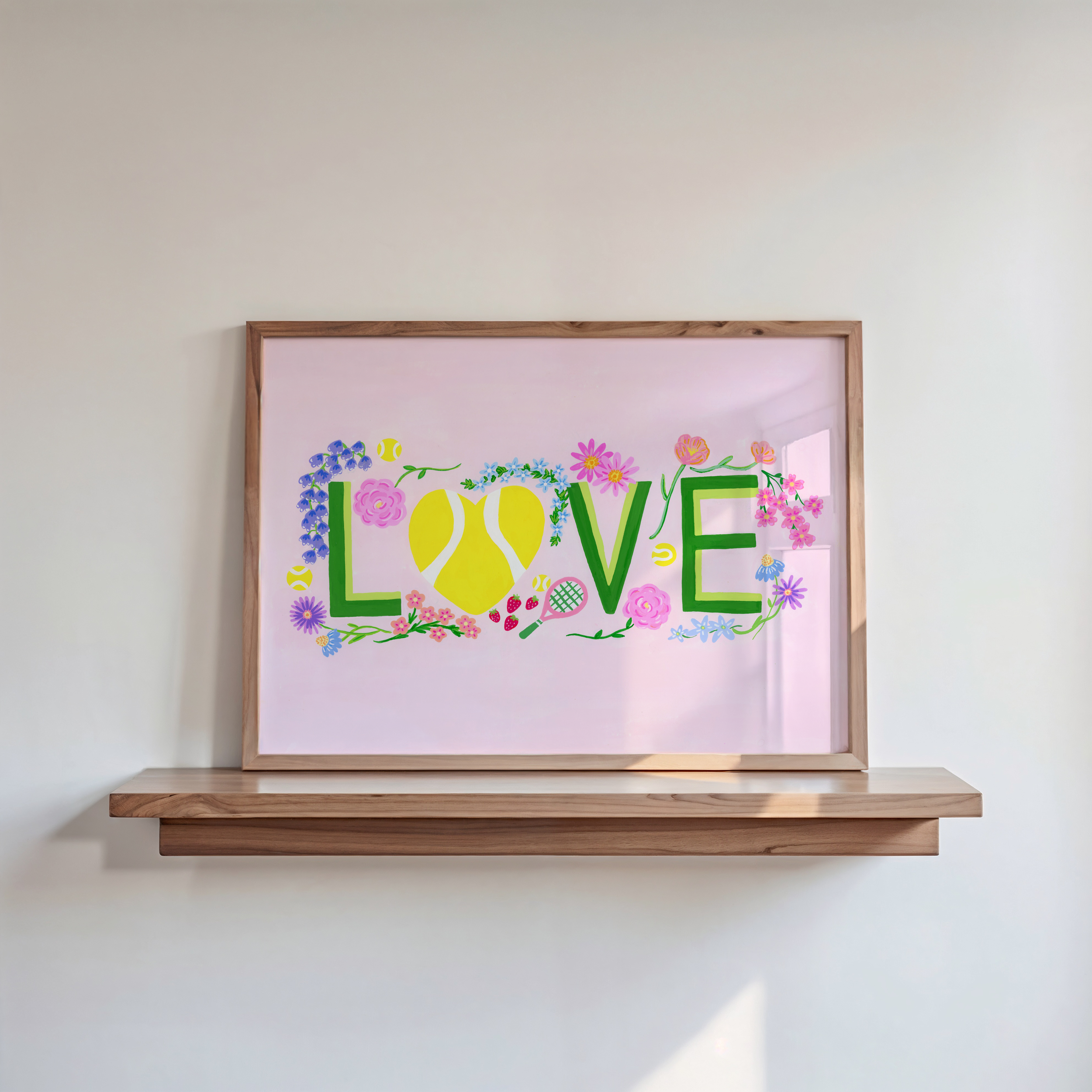 Tennis-themed painting framed on a shelf