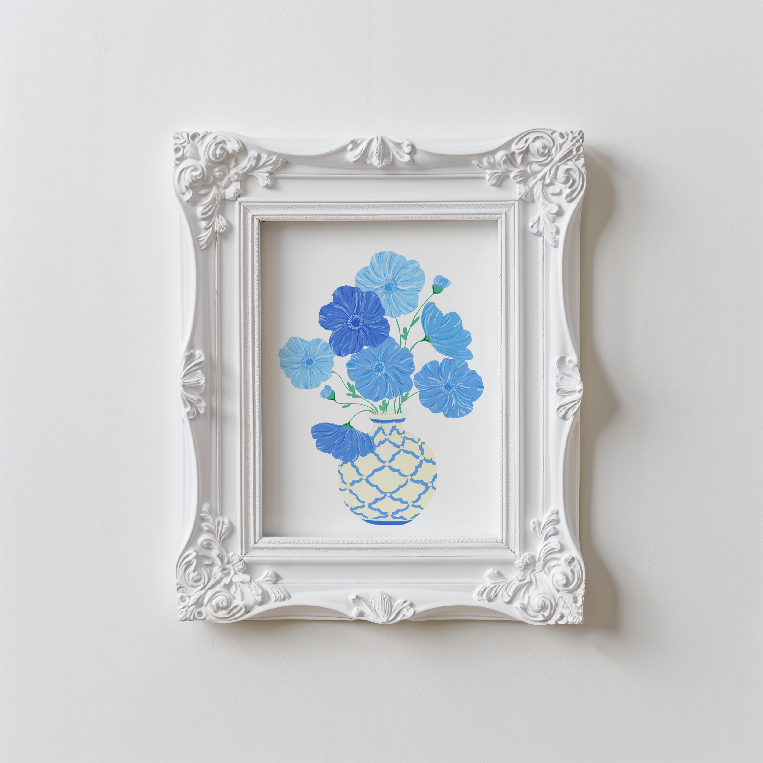 Art print of blue poppies in a white vintage frame