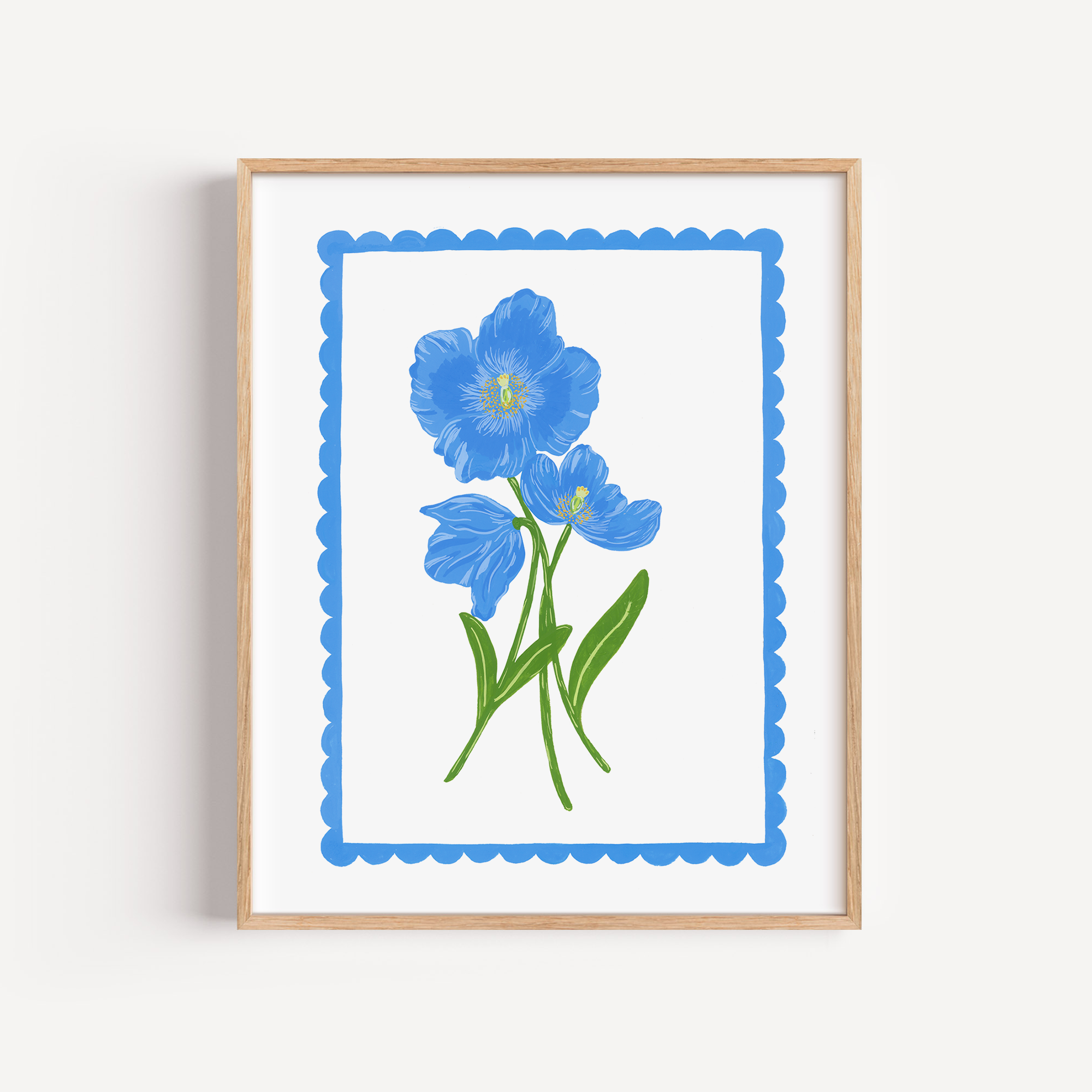A painting of a Himalayan blue poppy in a simple wooden frame