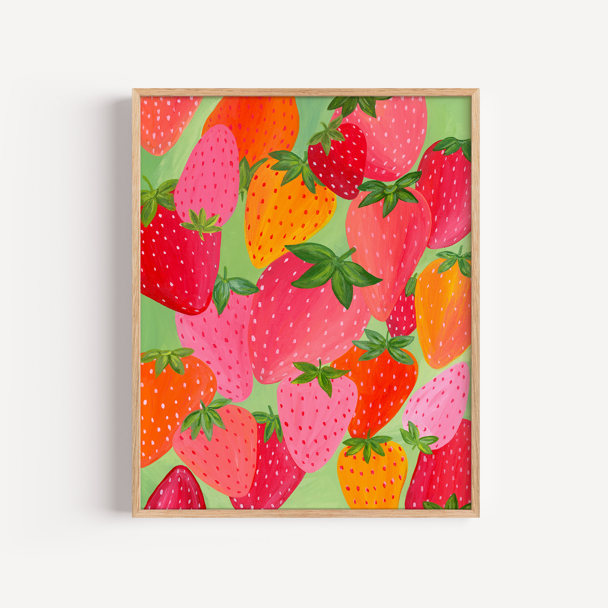 Art print of colorful strawberries in a simple wooden frame