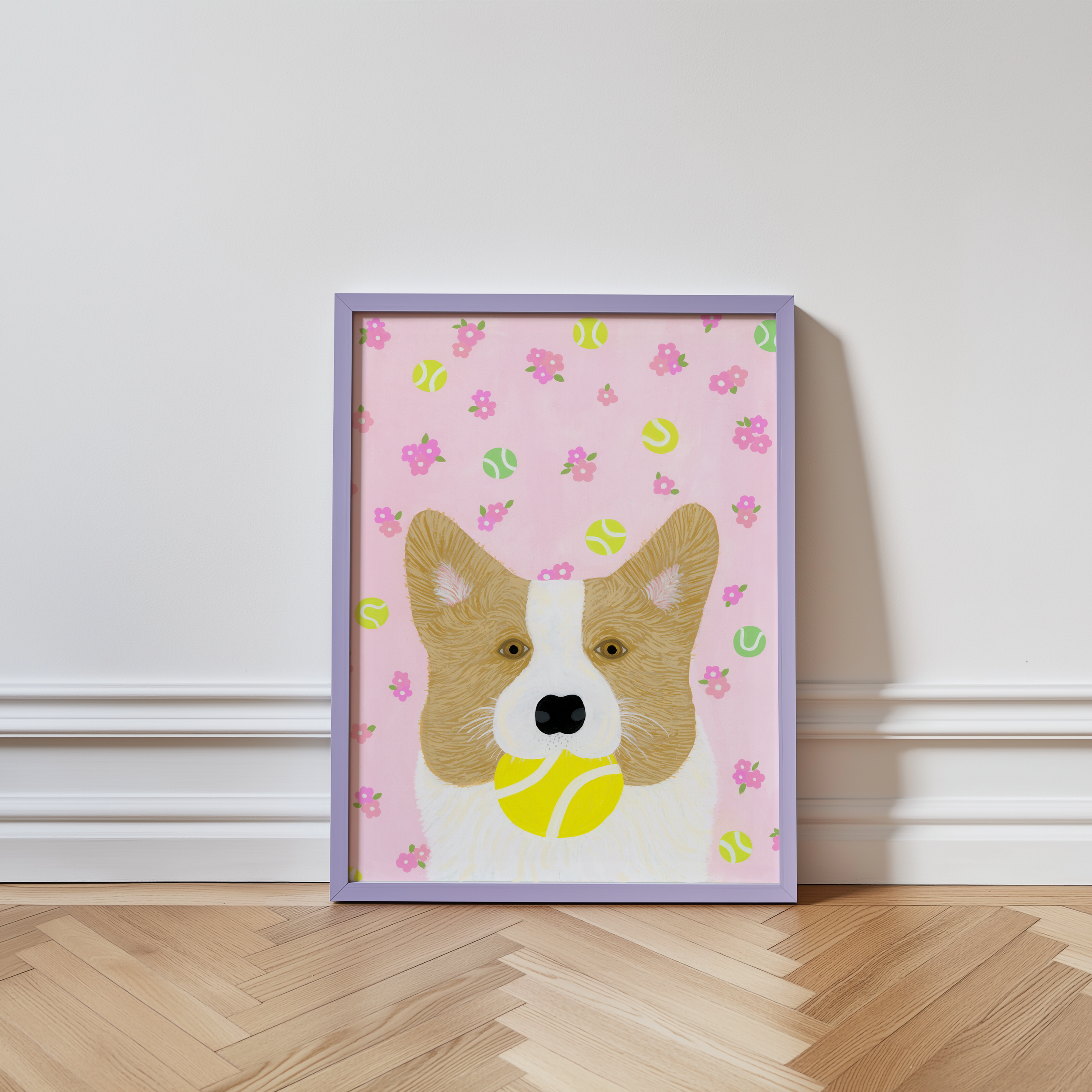Art print of corgi holding a tennis ball in a purple frame