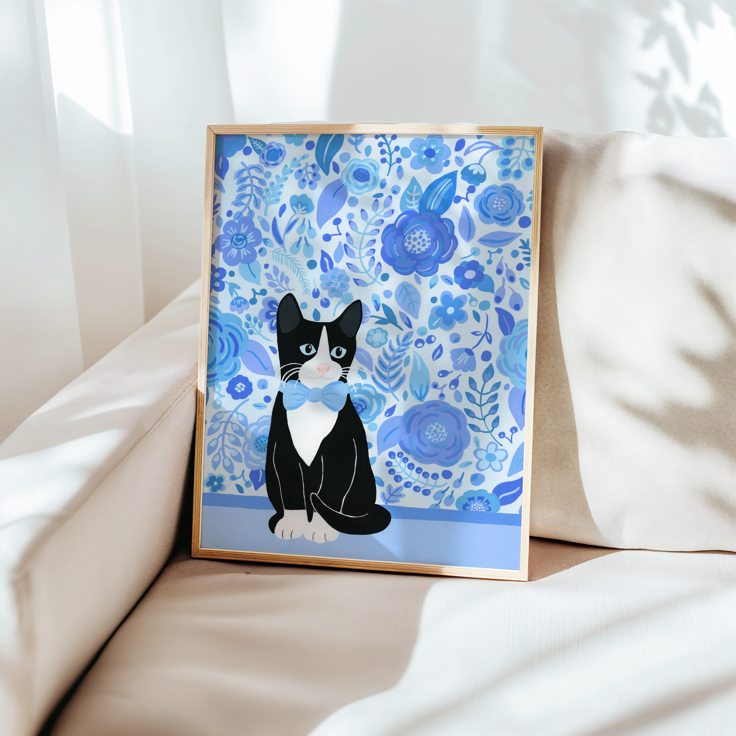Art print of a tuxedo cat with a blue bow tie