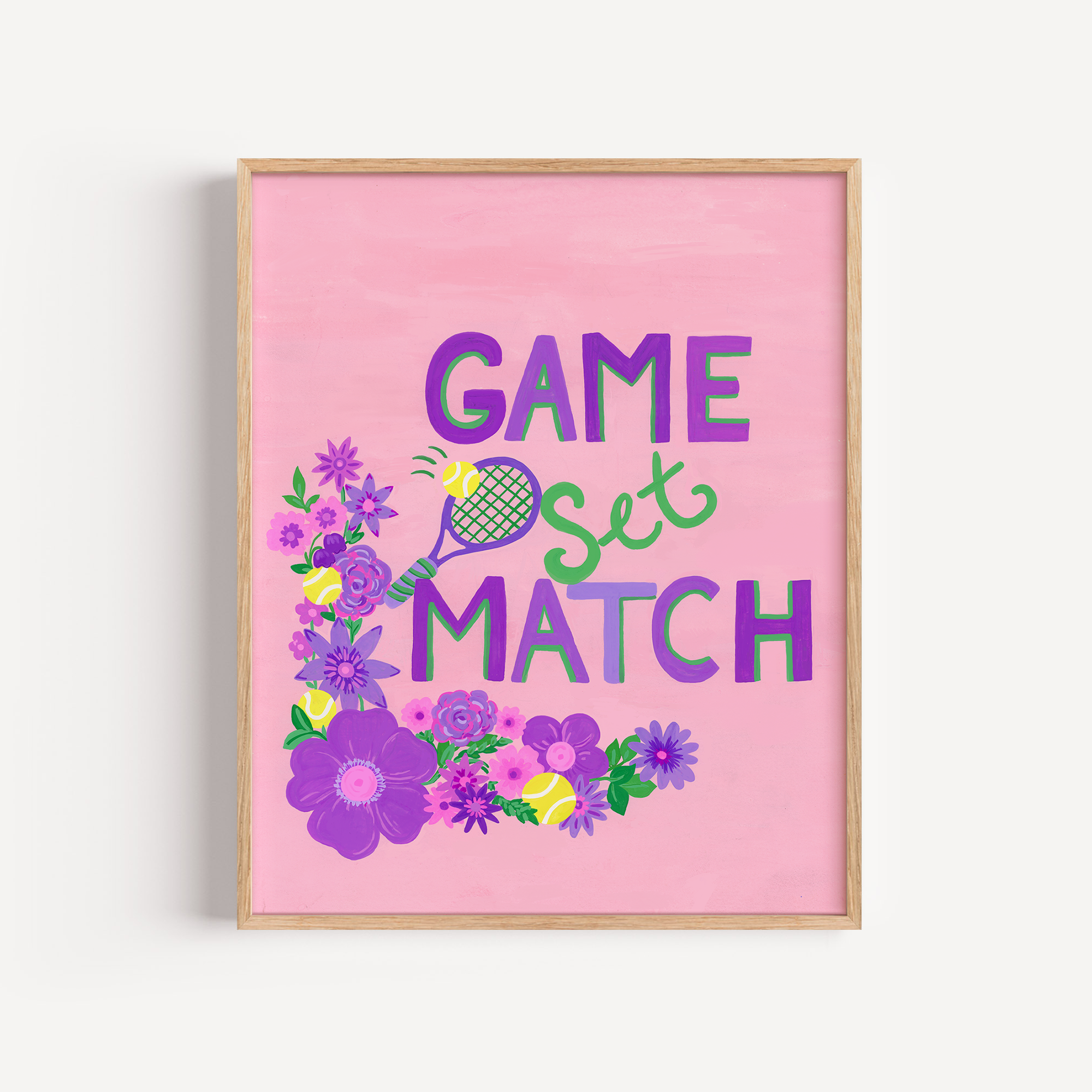 A tennis-themed painting in a plain wooden frame