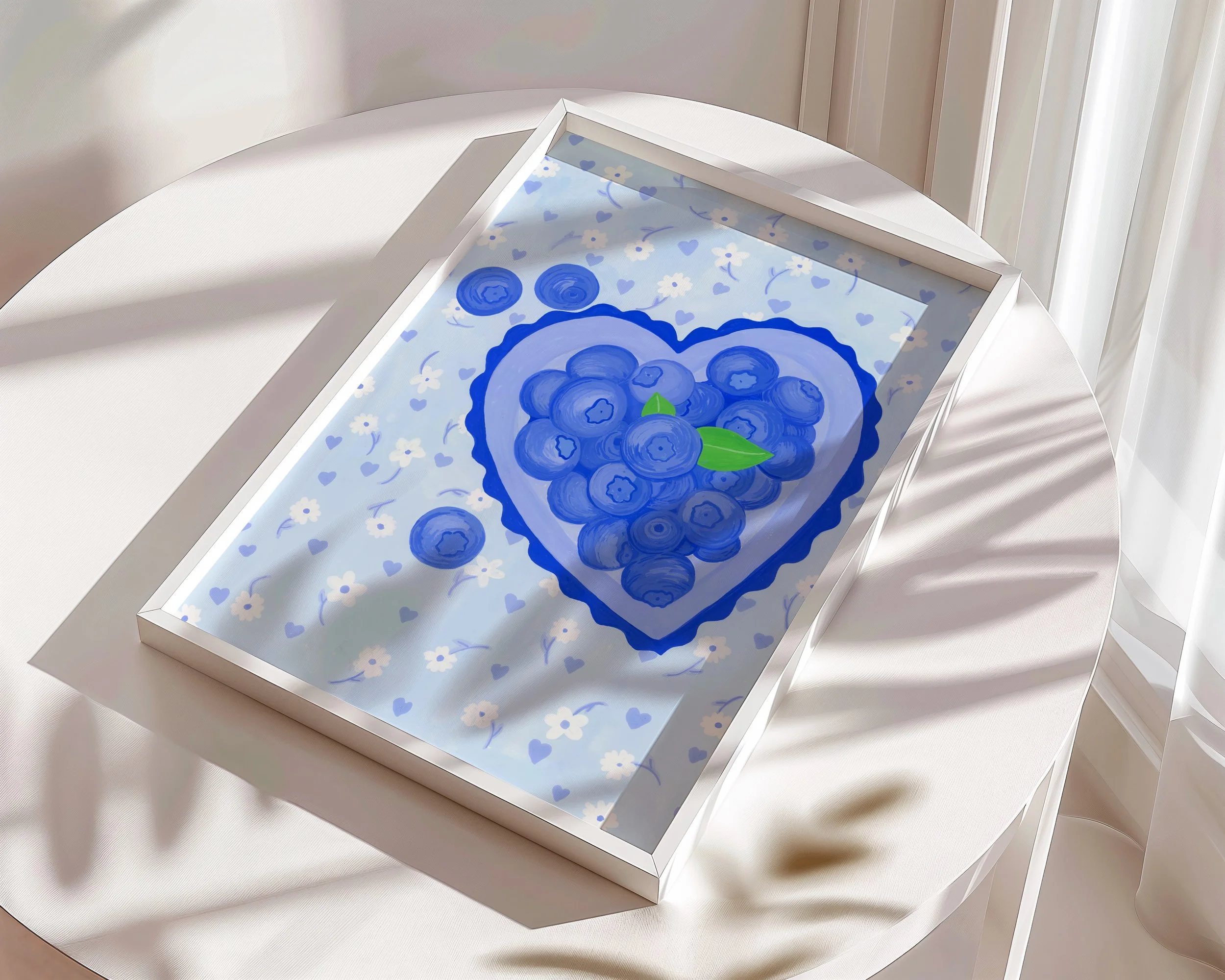 A painting of a heart-shaped bowl of blueberries