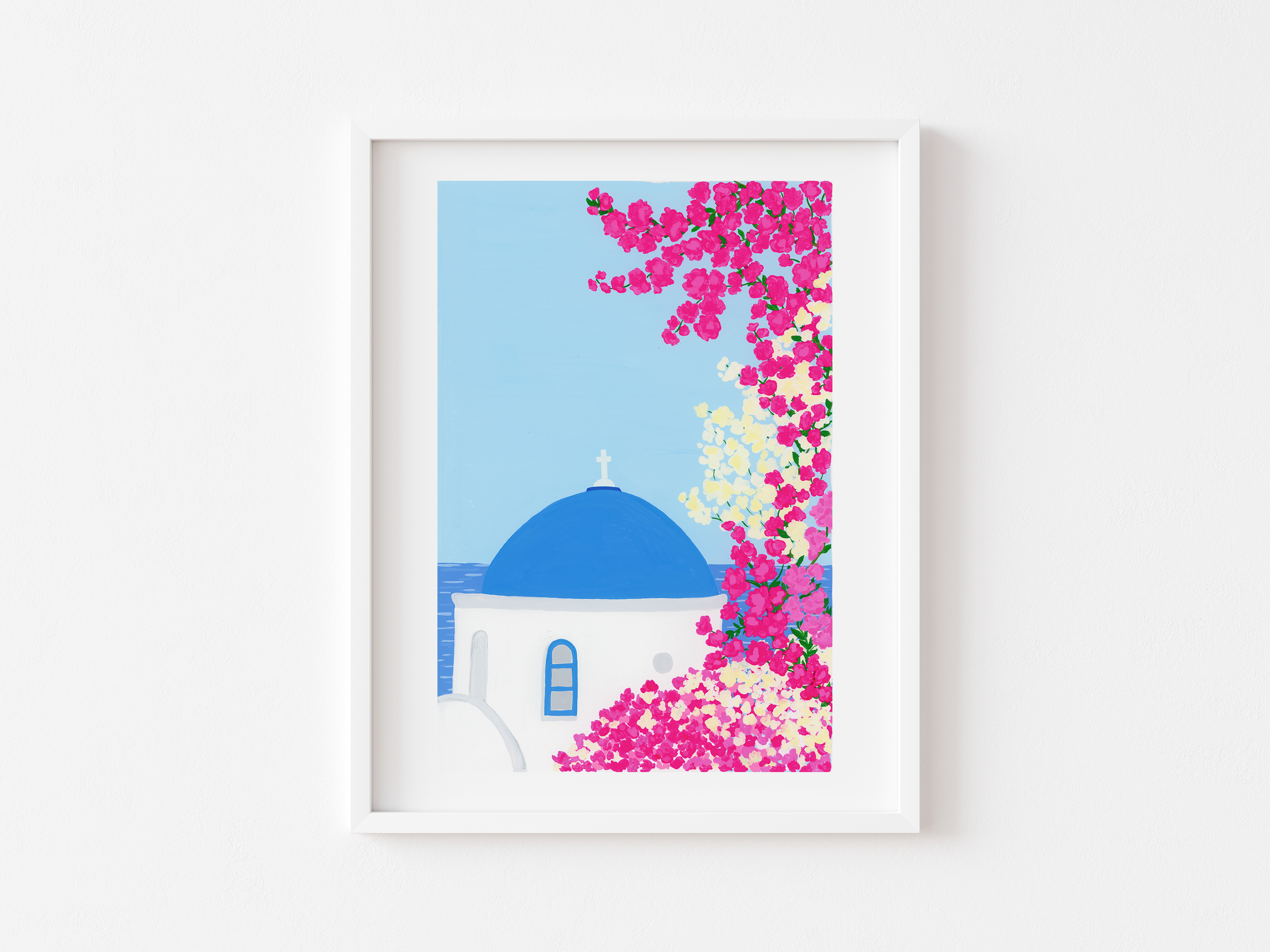 Art print of a Greek church with flowers in a white frame
