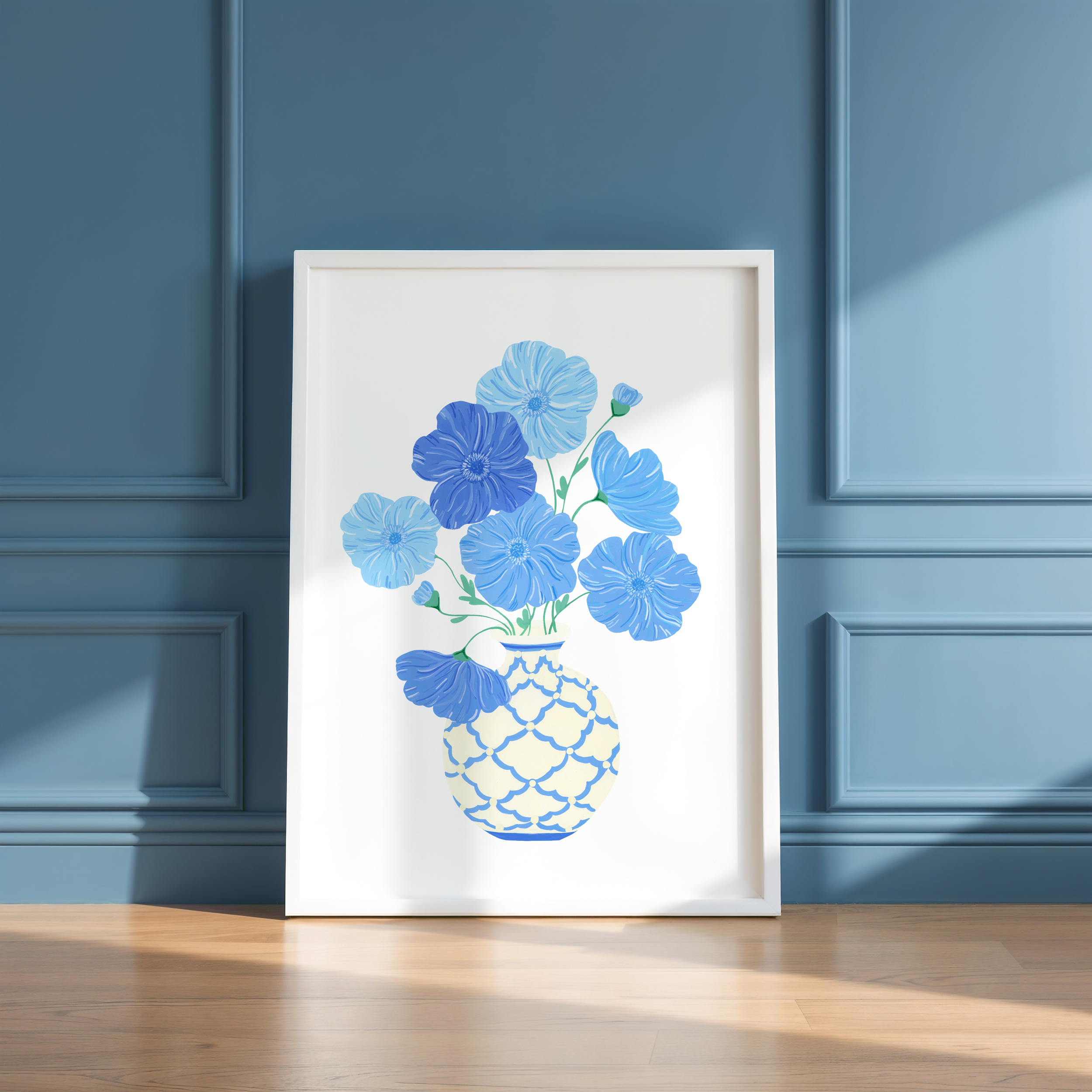 An art print of blue poppies against a blue wall