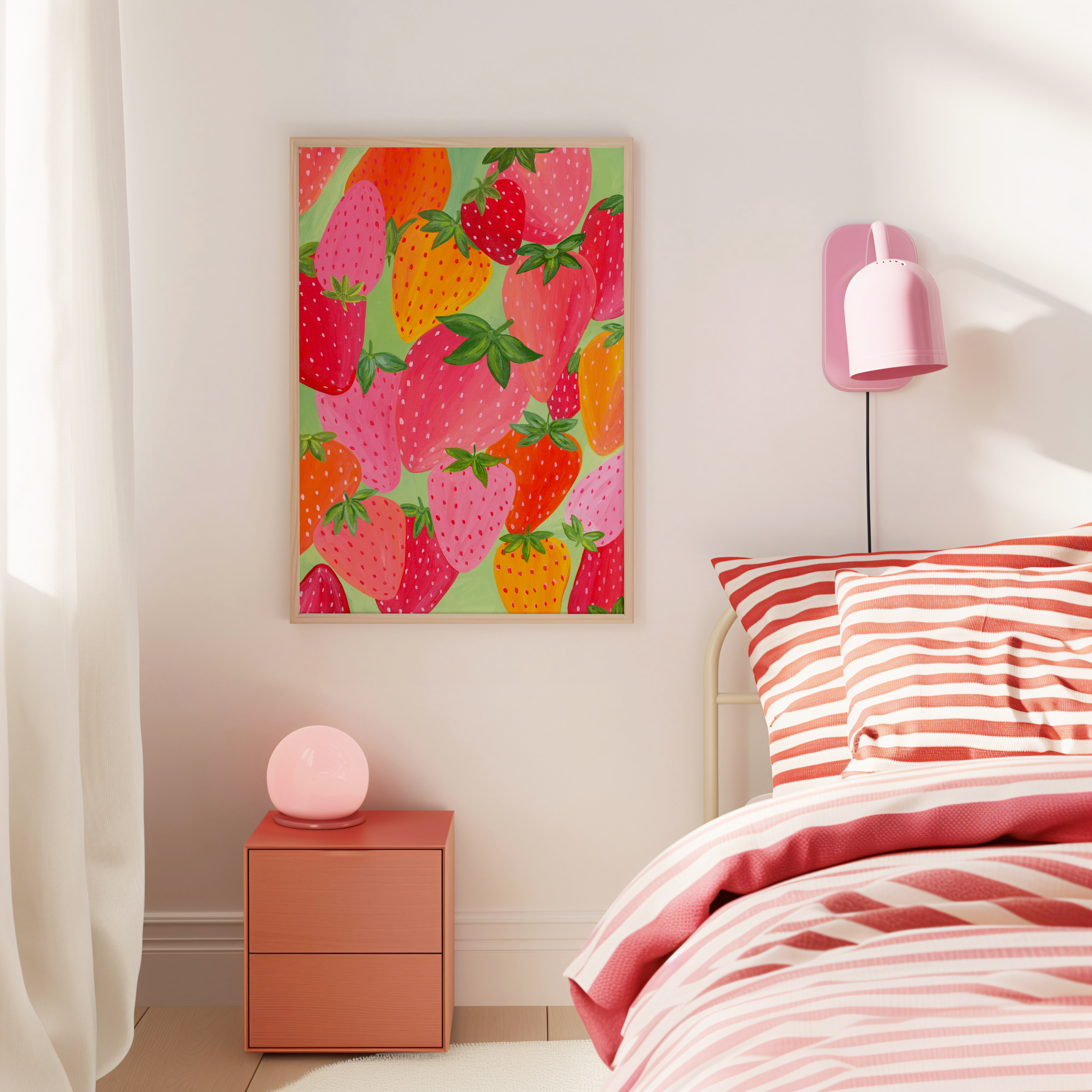 Art print of bright strawberries in a bedroom