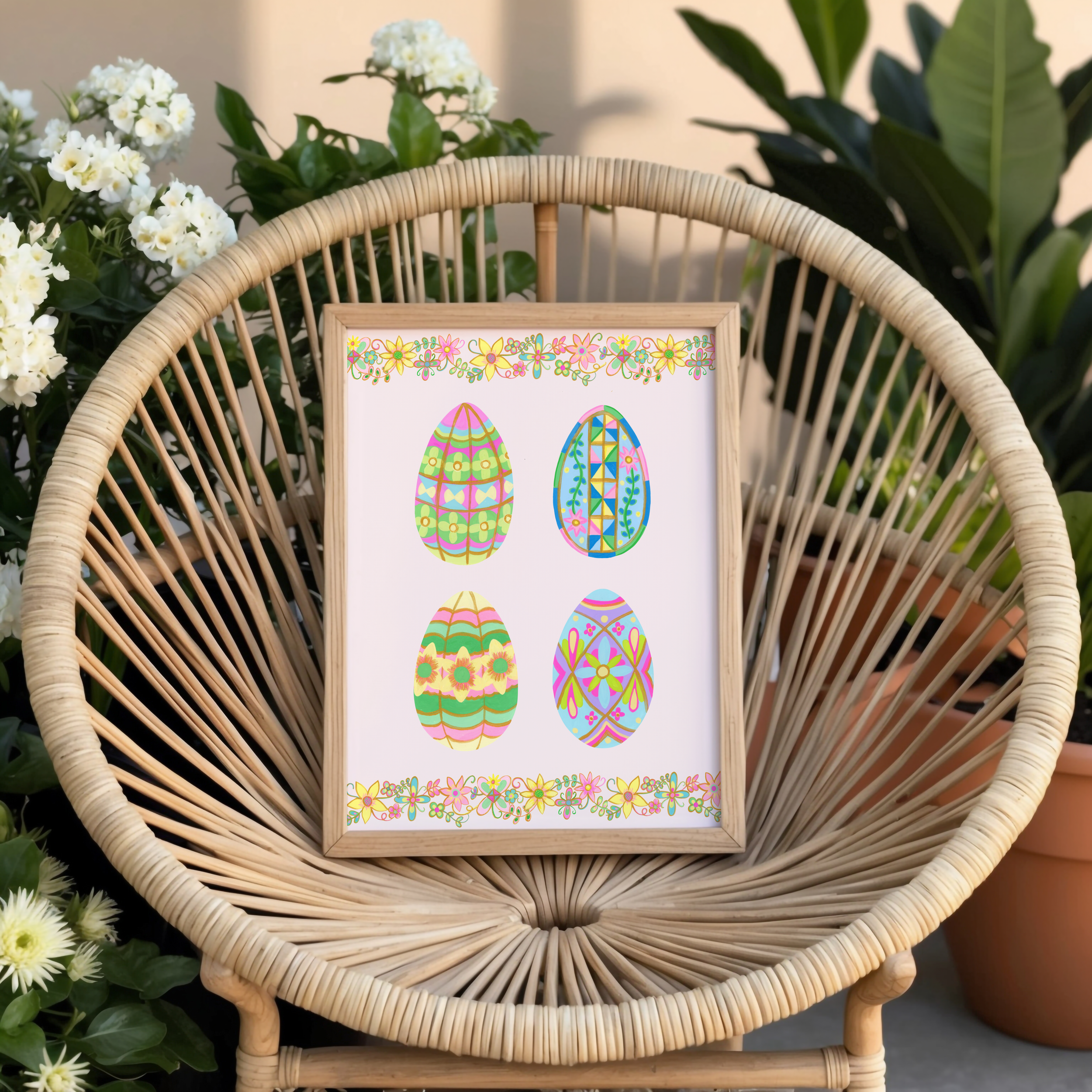 Art print of easter eggs set on a rattan wire chair
