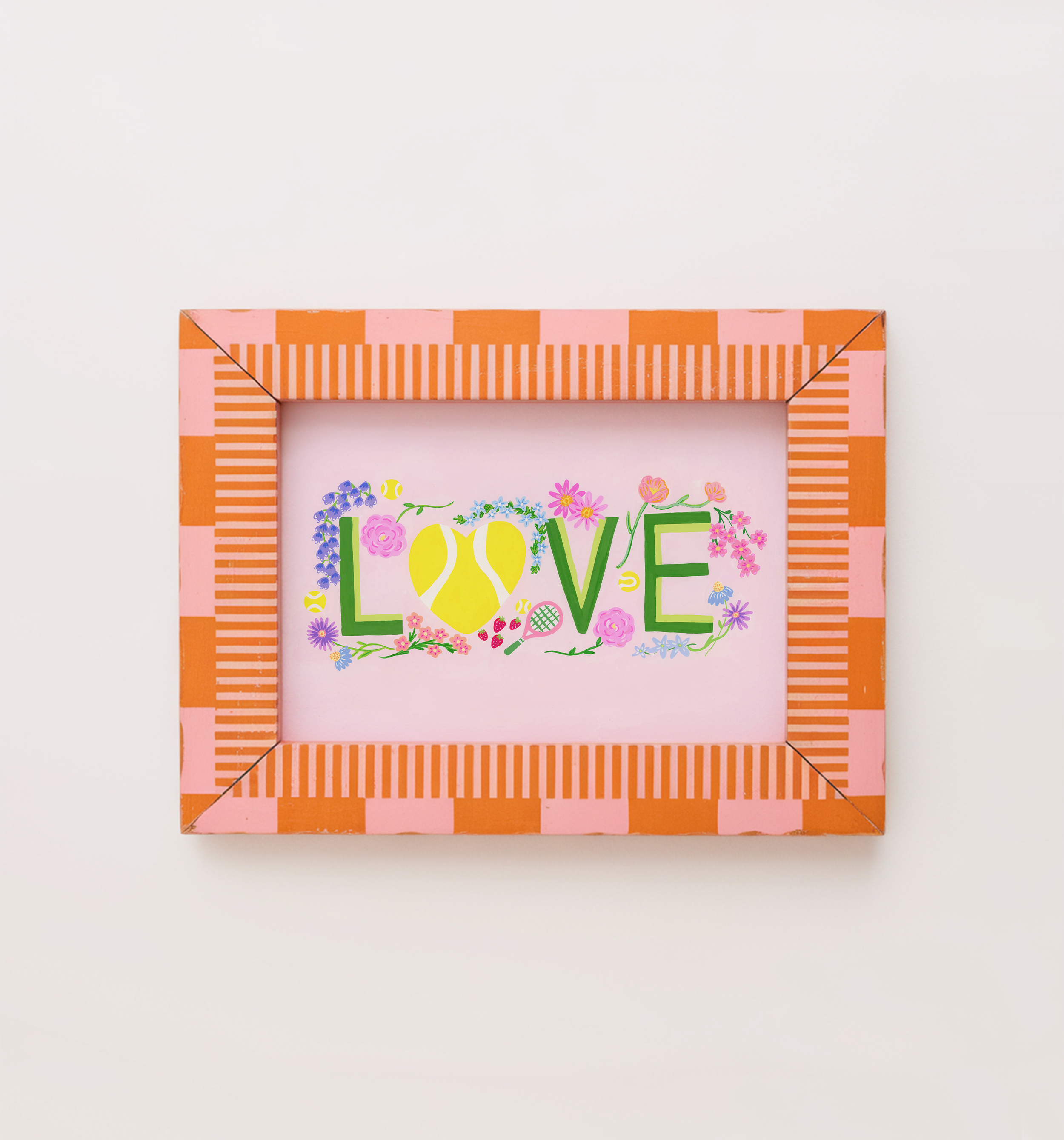 Tennis-themed painting in an orange frame