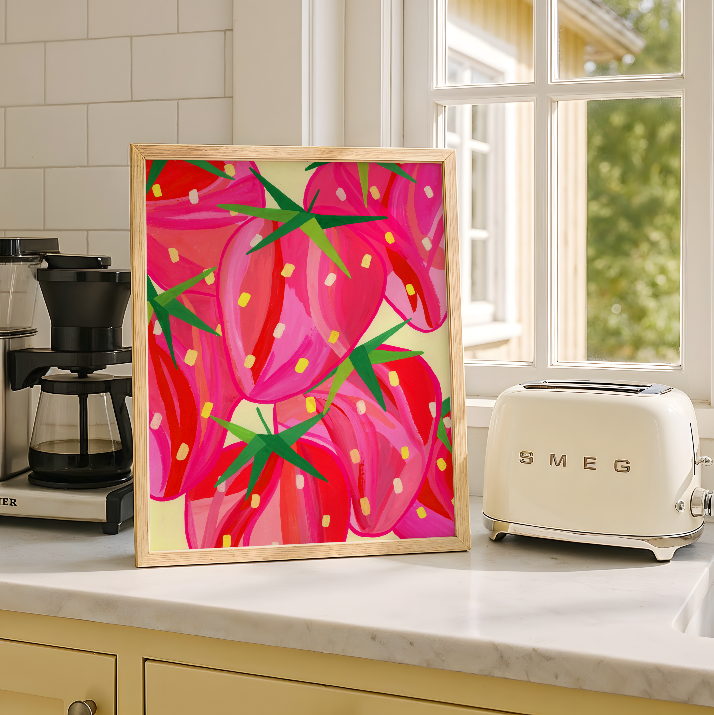 Art print of abstract strawberries displayed in a yellow frame in a kitchen