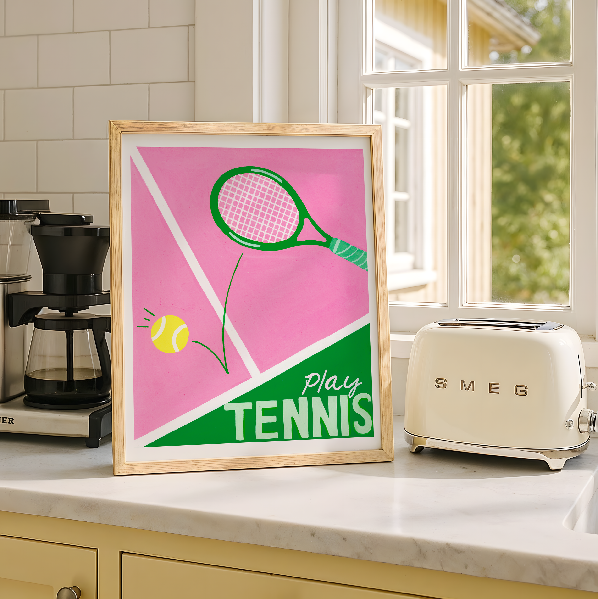 A tennis- themed art poster in a kitchen