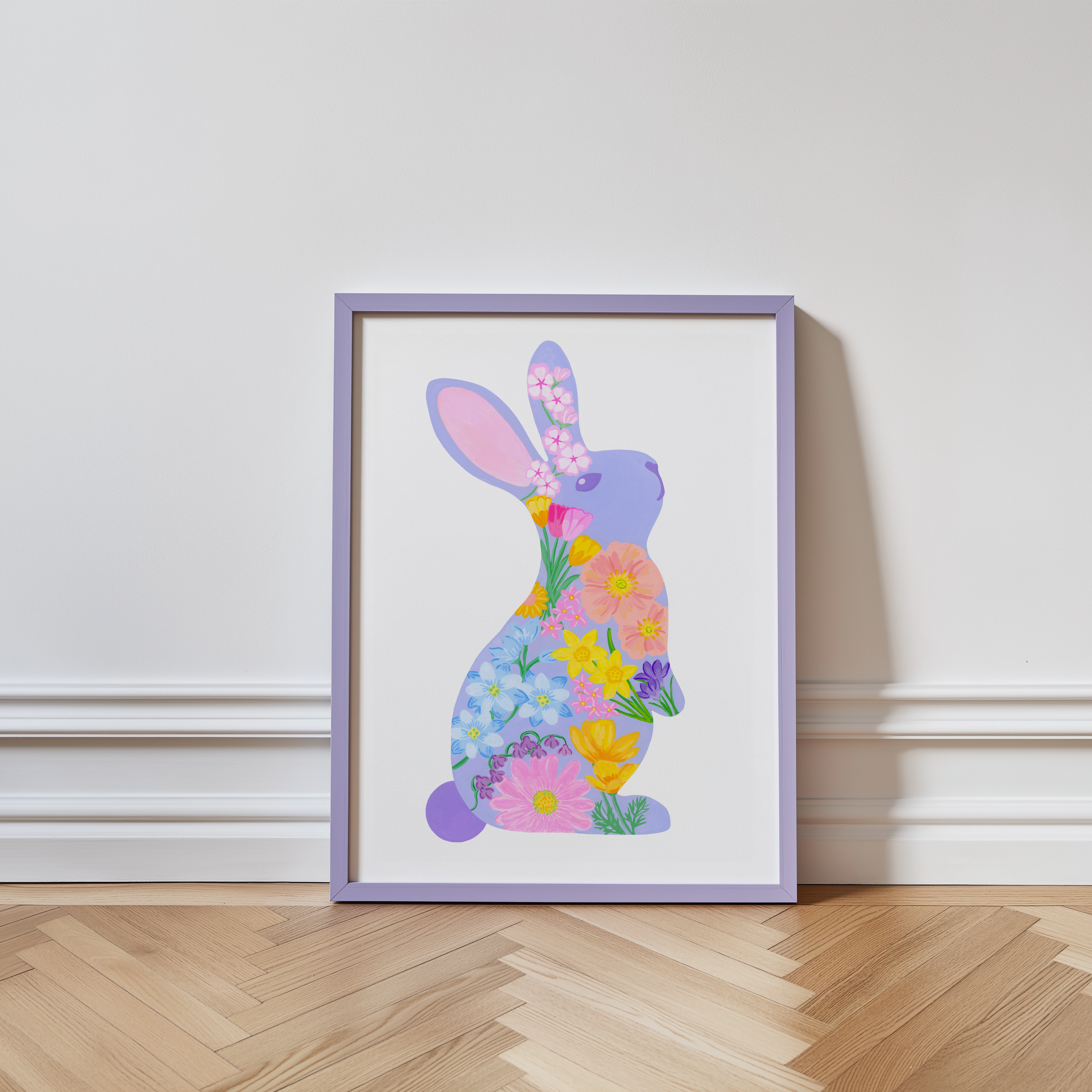 Floral easter bunny art print in a purple frame