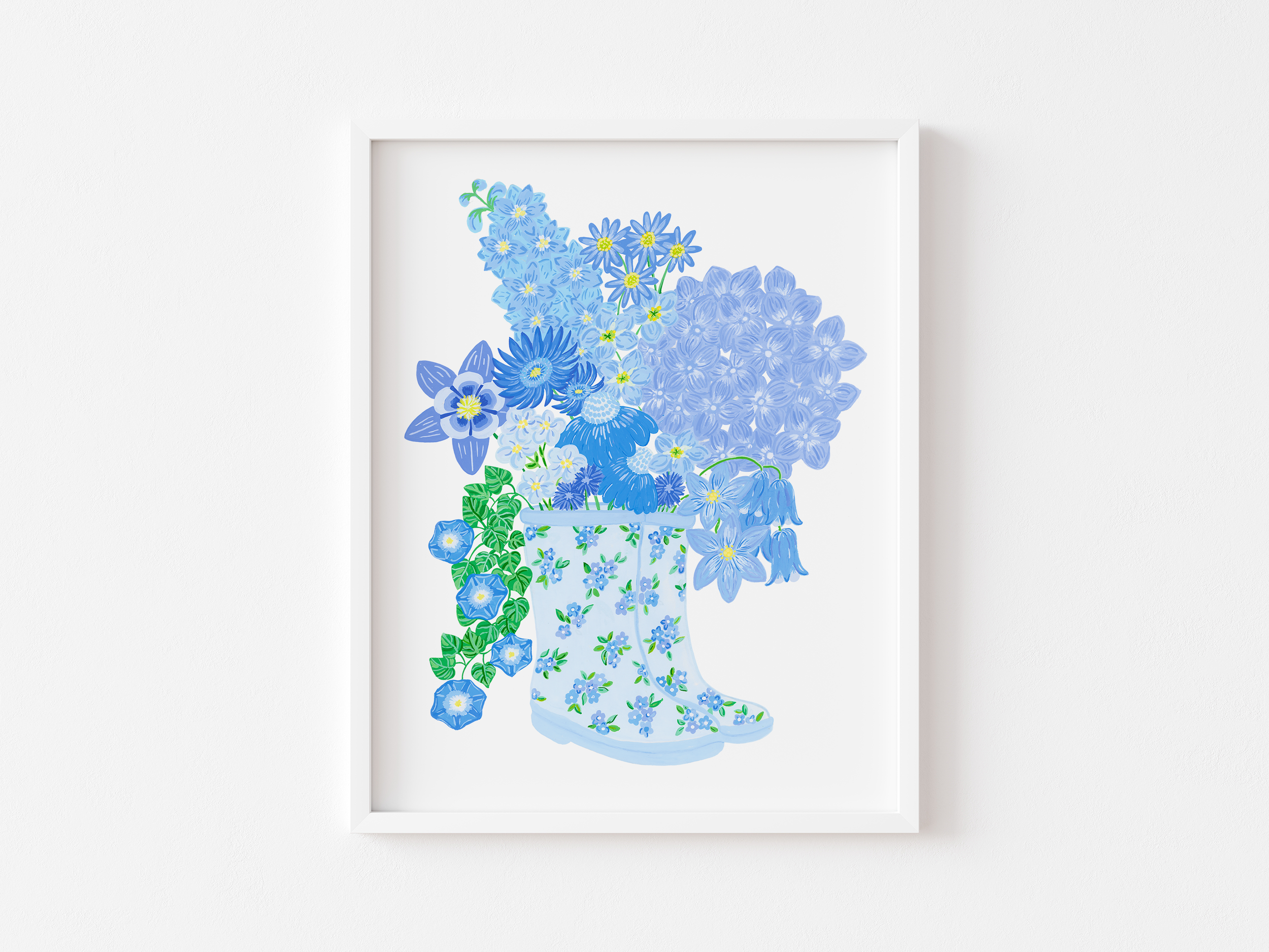 Art print of a blue bouquet in a simple white frame