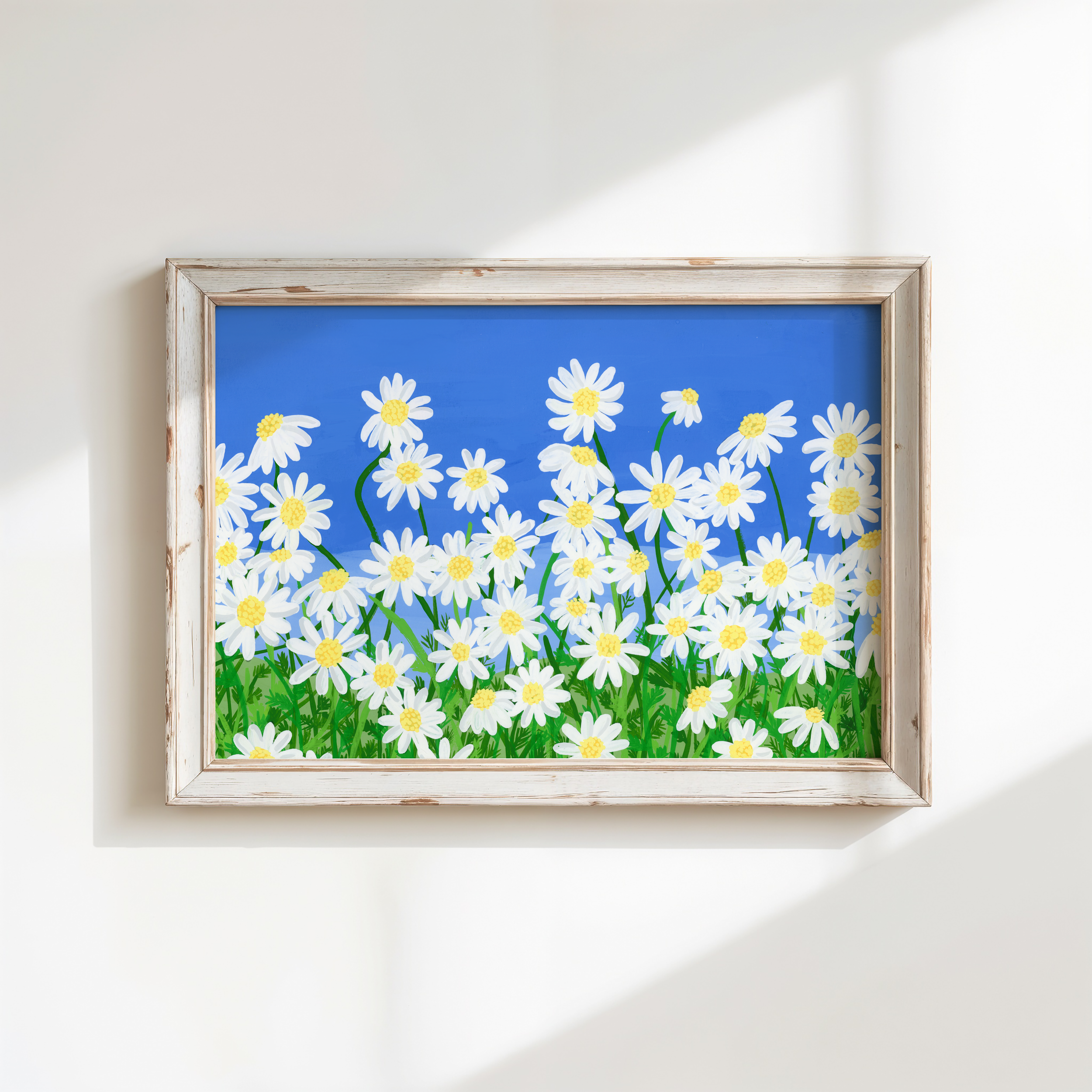 Summer daisy art print framed on a wall