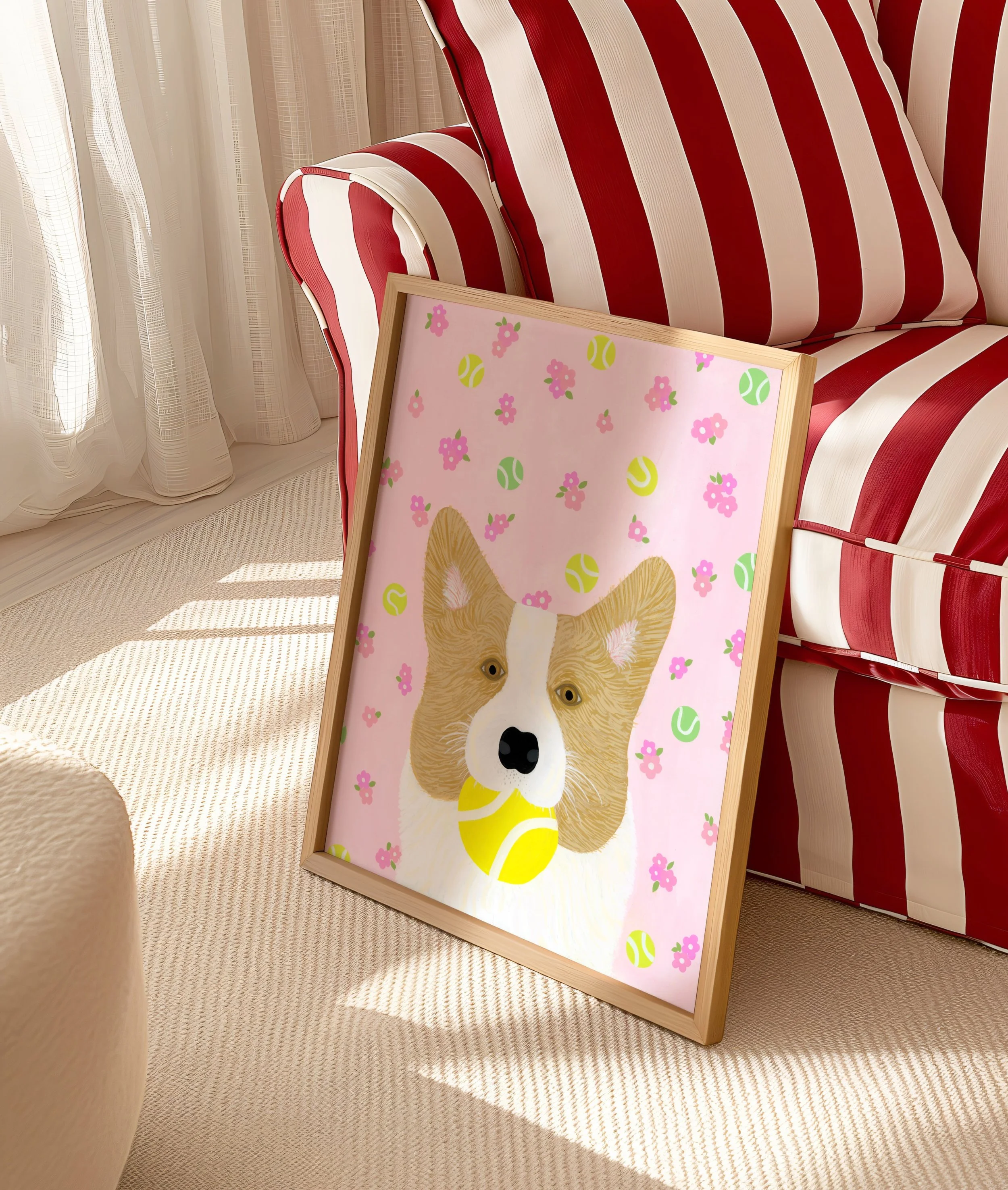 Framed corgi art print next to a red and white striped couch