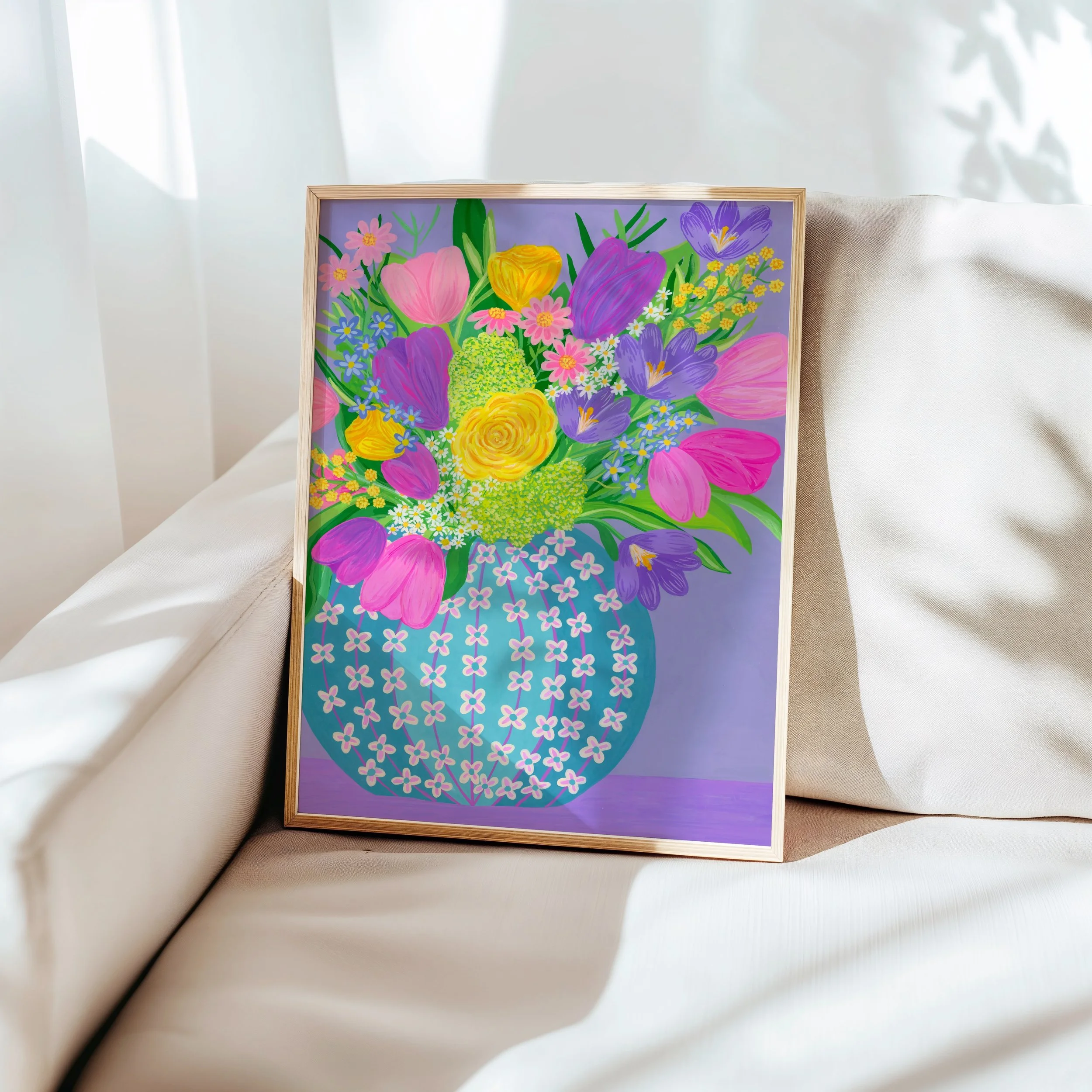 Art print of a springtime bouquet on a couch