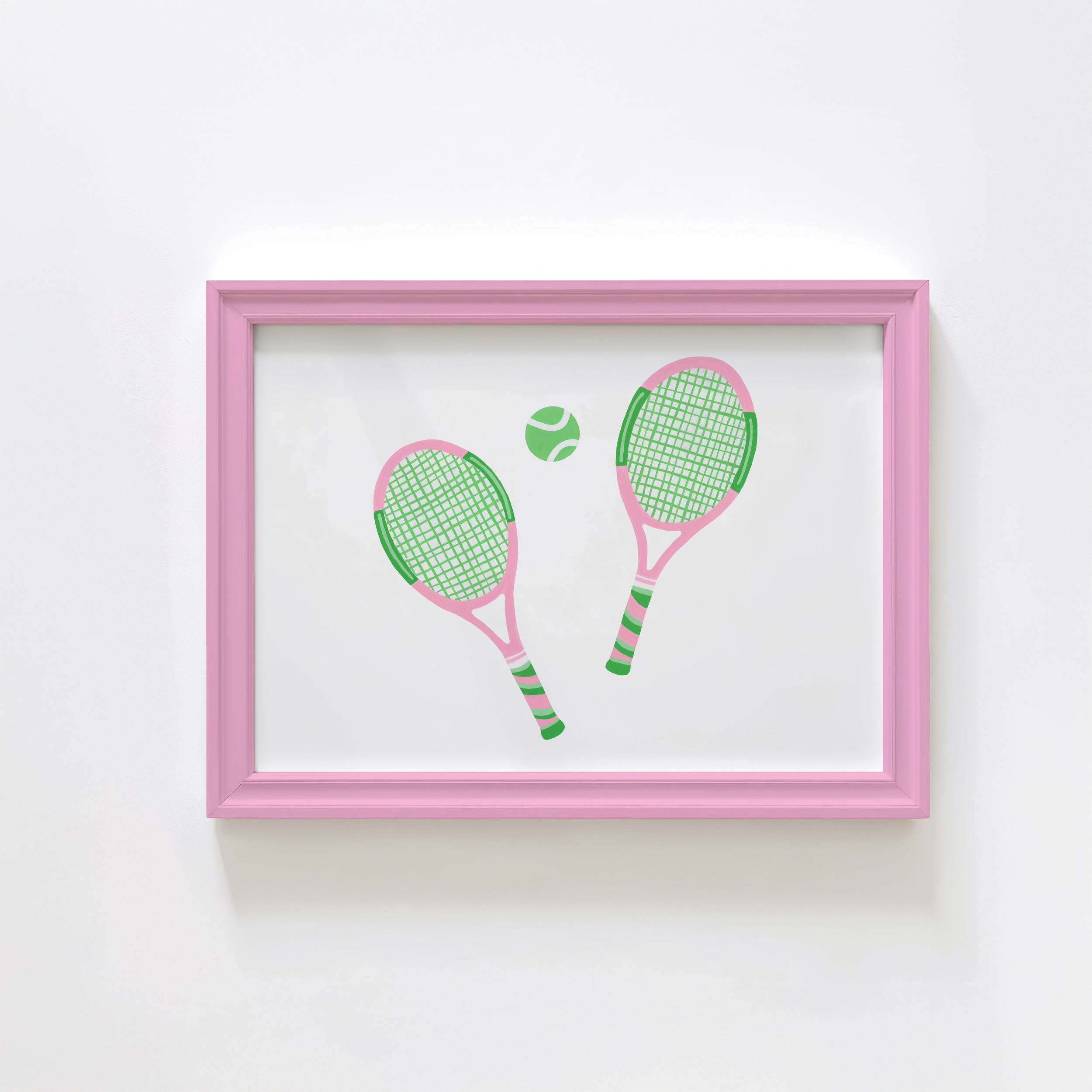 A tennis racquet painting in a pink frame