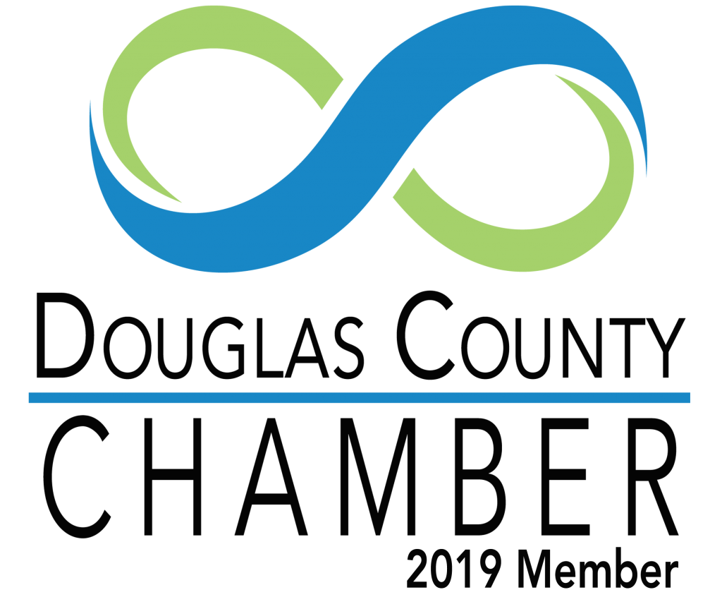 Logo of Douglas County Chamber featuring an infinity symbol with green and blue segments, with text indicating membership in 2019.
