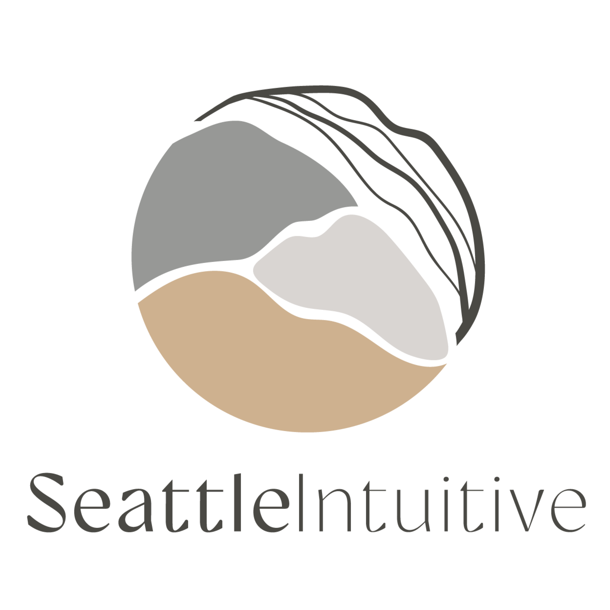 The logo for Seattle Intuitive is a circle made up of 3 natural colored pieces laid together with cracks visible, and the remainder of the circle completed by 4 flowing lines