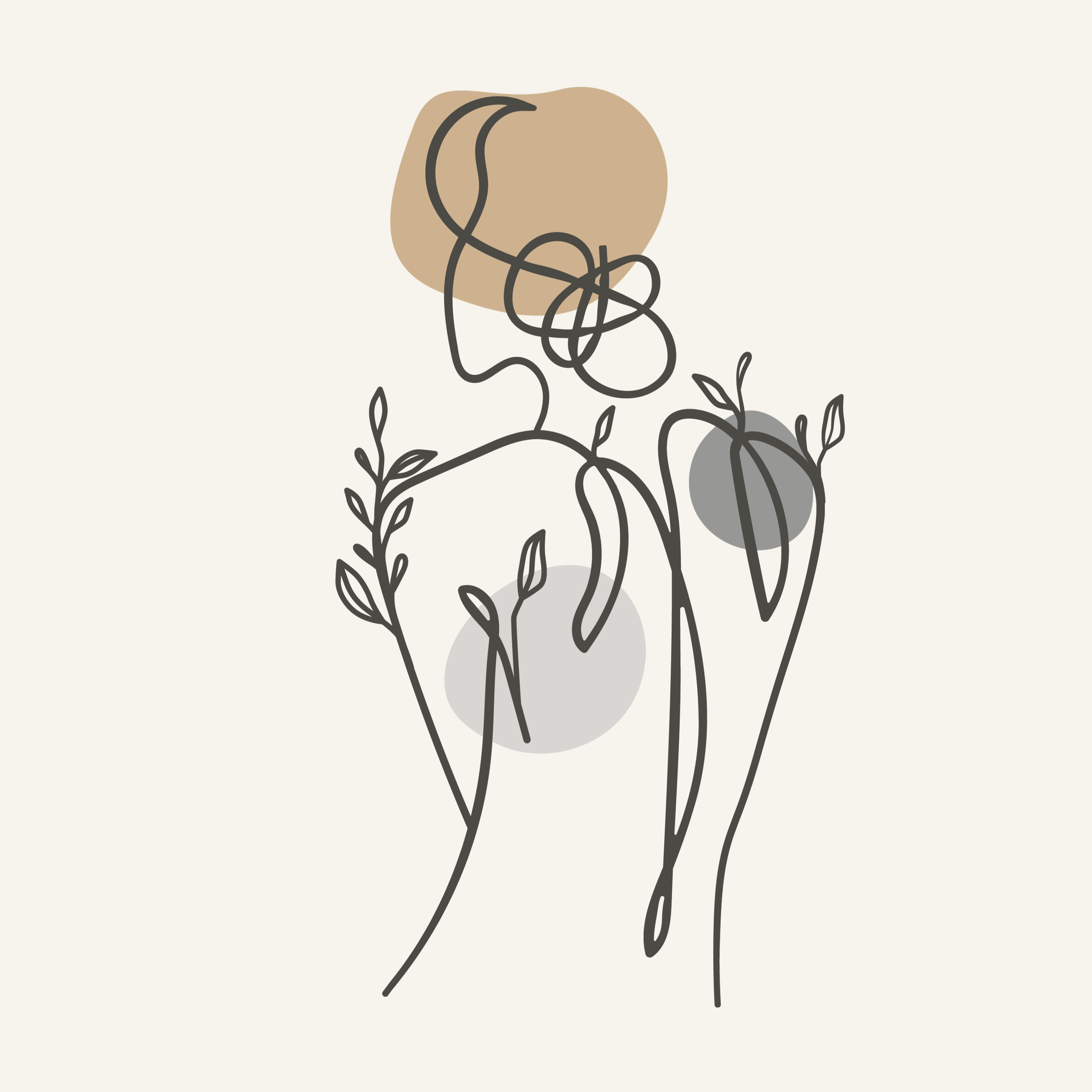 Line drawing of a woman seen from behind with leaves sprouting from her body, overlaid with grey and brown circles, representing a massage cupping therapy session